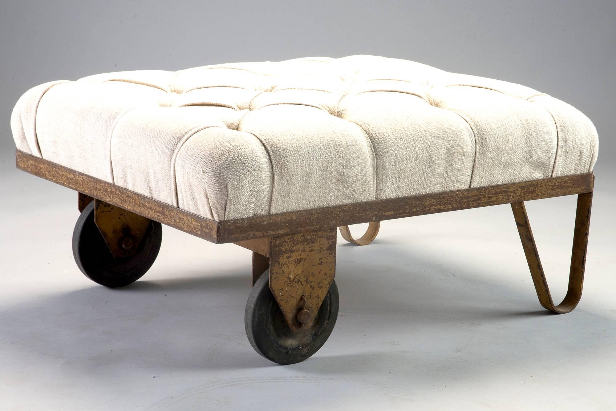 European Tufted Ottoman Bench Stool with Industrial Wheelbarrow Base