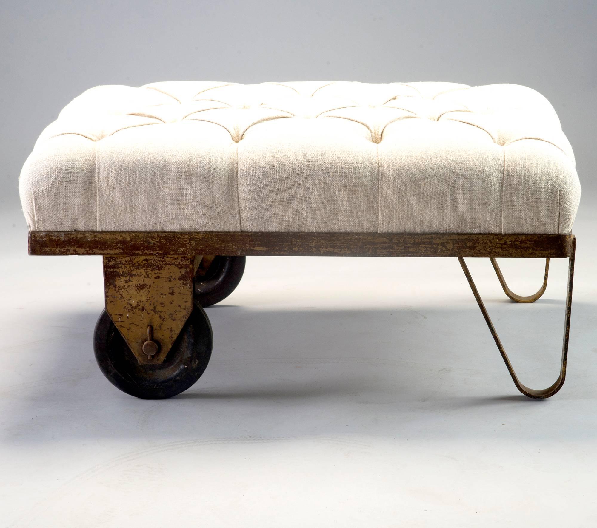 Tufted Ottoman Bench Stool with Industrial Wheelbarrow Base In Excellent Condition In Troy, MI