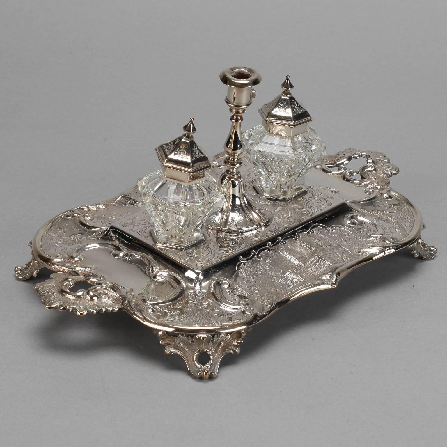 19th Century Large Silver Plated Inkwell with Bottles and Candle Holder