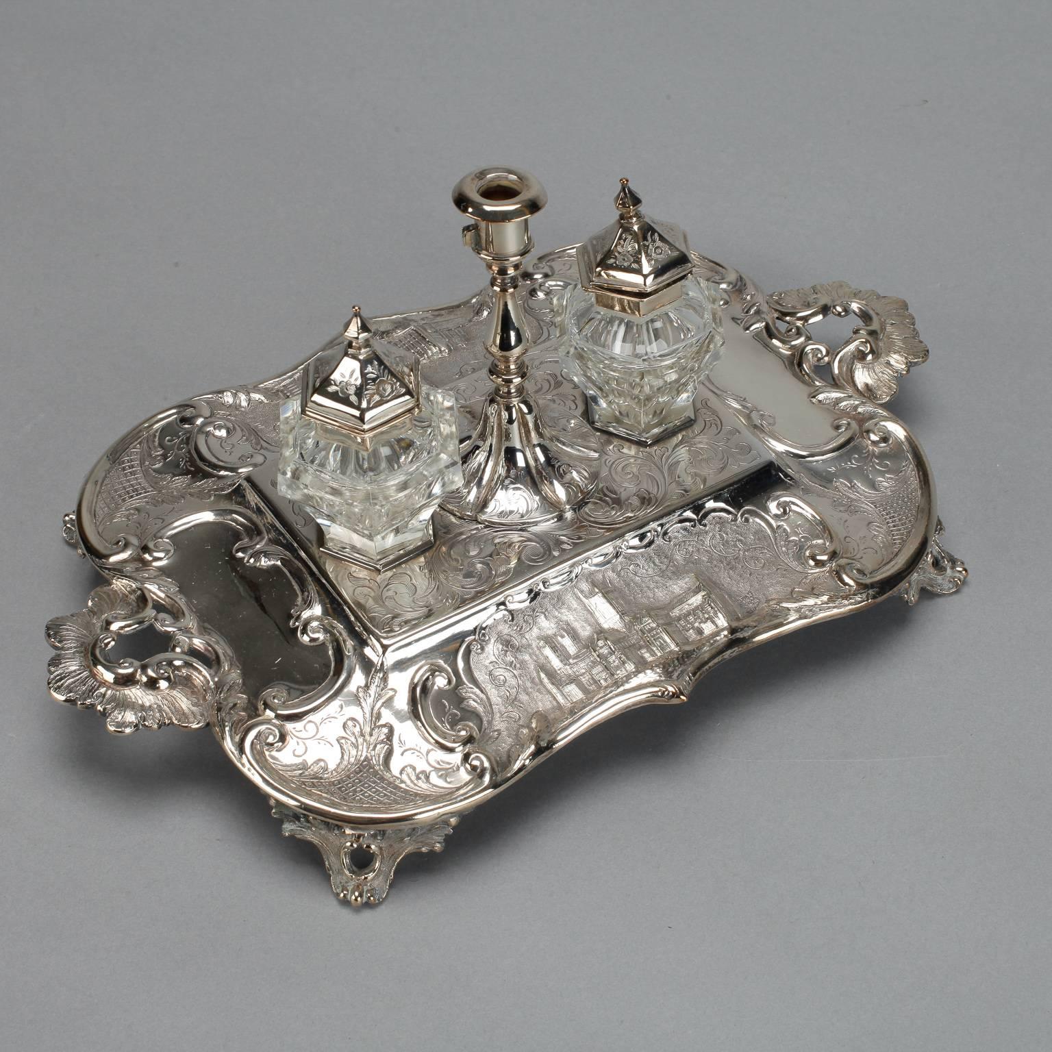 Large Silver Plated Inkwell with Bottles and Candle Holder 3