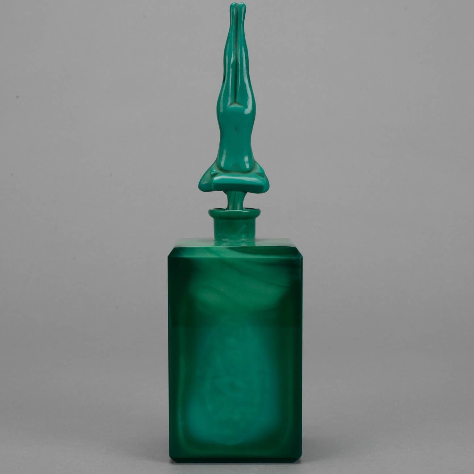 Molded Art Deco Era Czech Malachite Glass Perfume with Nude Stopper