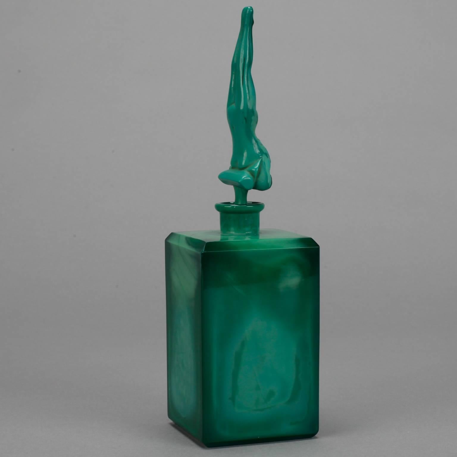 Art Deco Era Czech Malachite Glass Perfume with Nude Stopper In Good Condition In Troy, MI