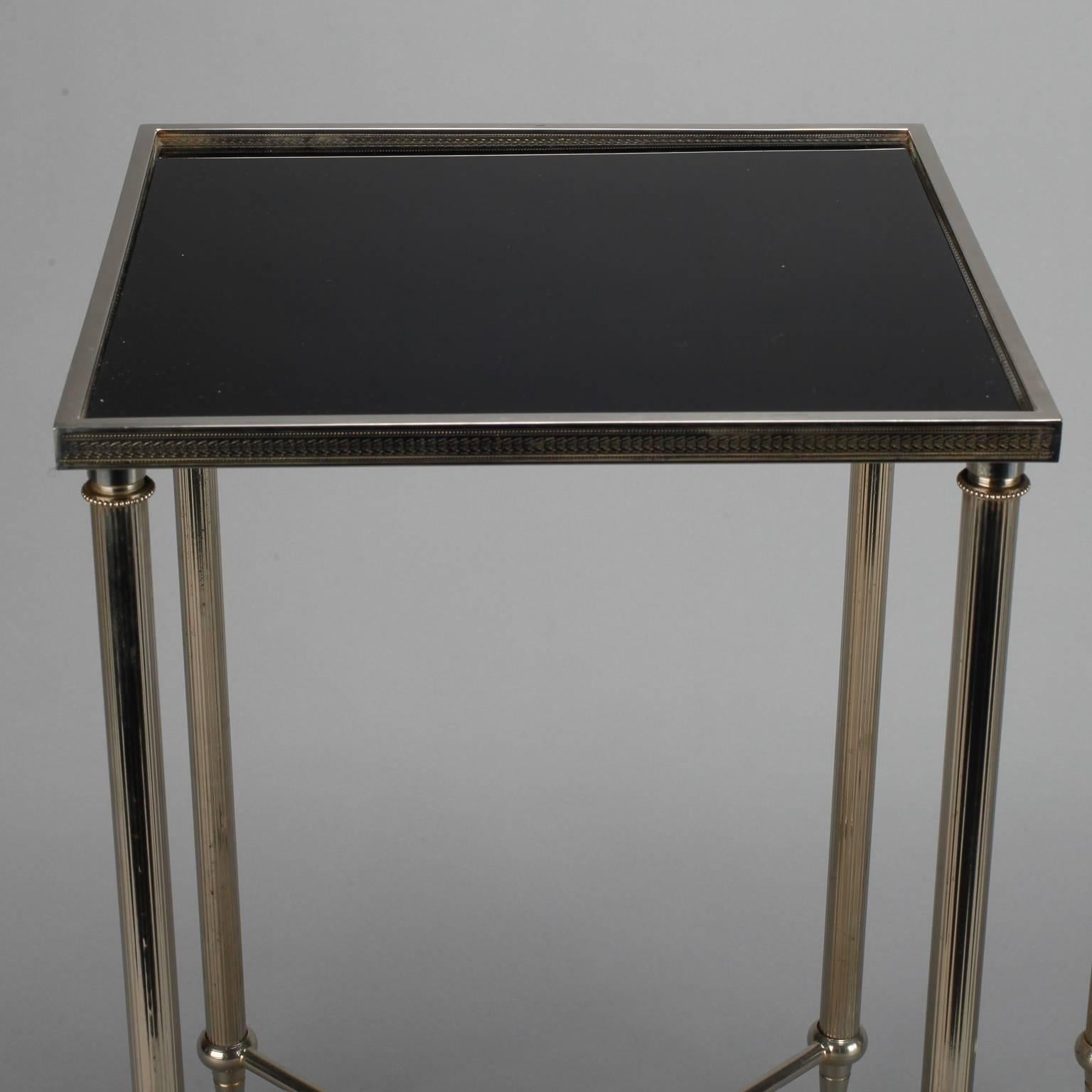 20th Century Pair Metal Tables with X-Form Stretchers and Black Glass Tops