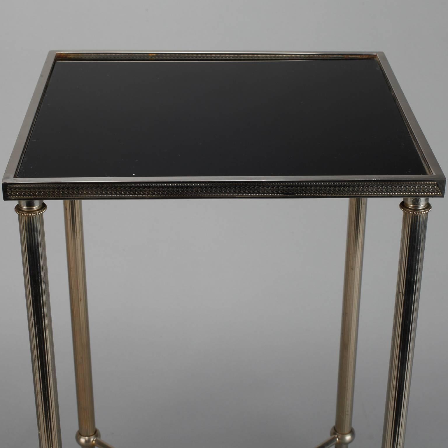 Mid-Century Modern Pair Metal Tables with X-Form Stretchers and Black Glass Tops
