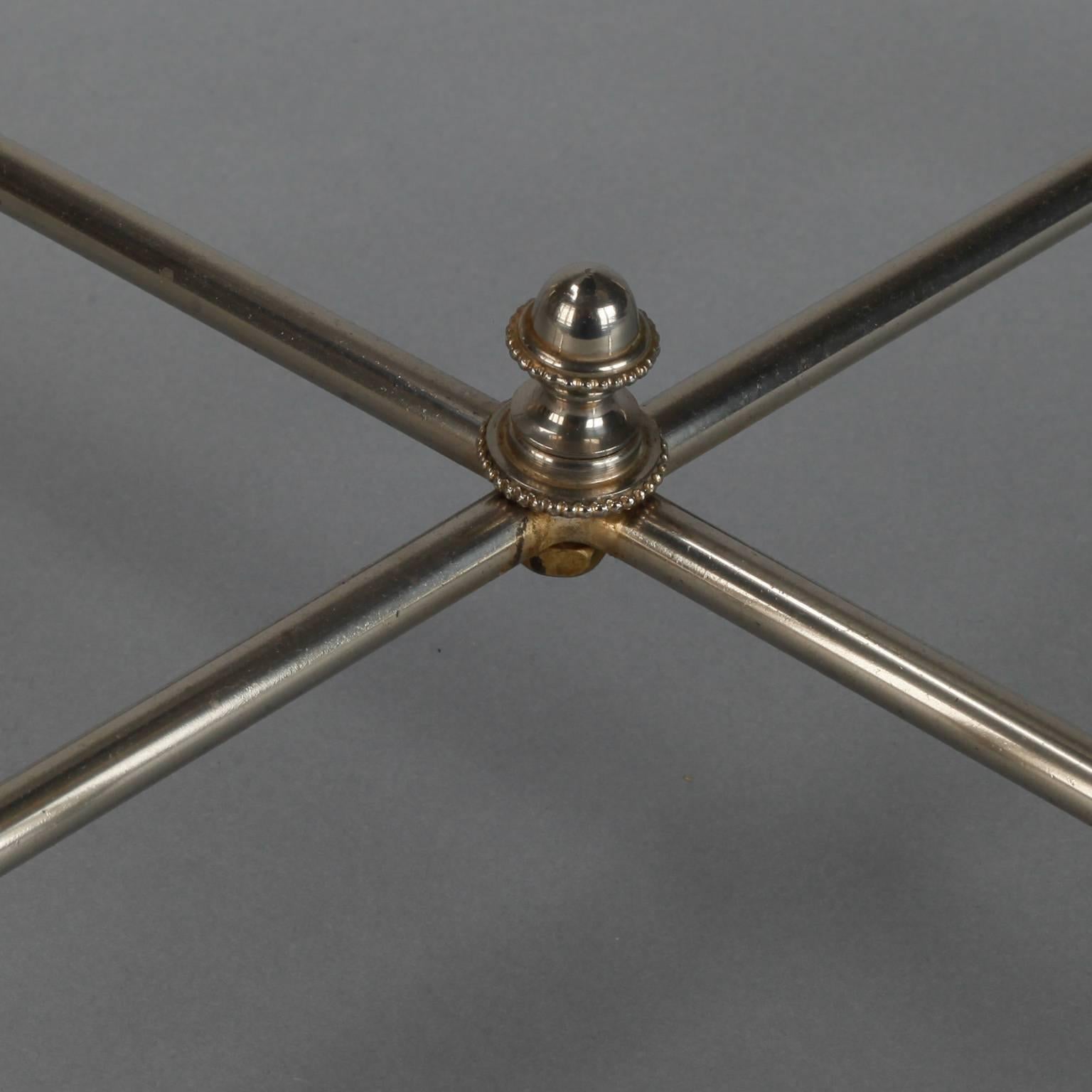 Pair Metal Tables with X-Form Stretchers and Black Glass Tops 1