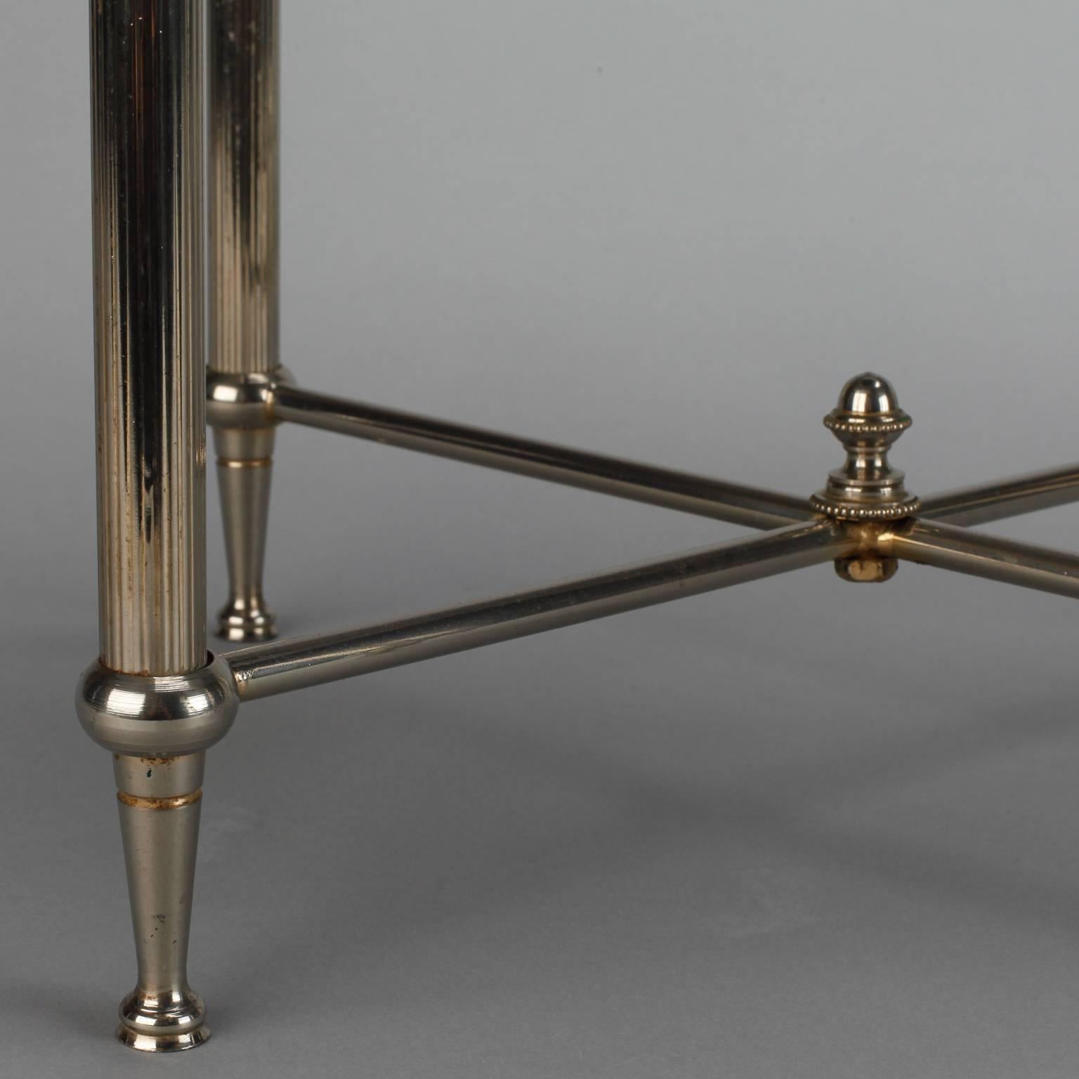 European Pair Metal Tables with X-Form Stretchers and Black Glass Tops