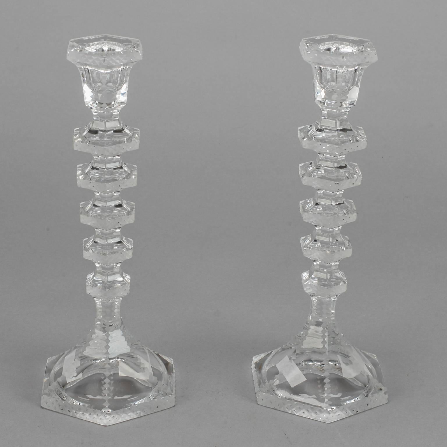 Pair of Mid-Century Finely Cut Crystal Candlesticks In Excellent Condition In Troy, MI