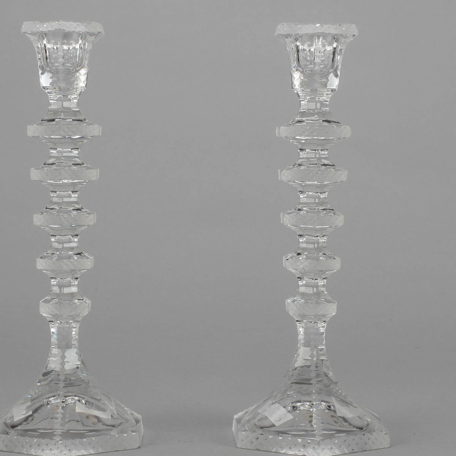 Belgian Pair of Mid-Century Finely Cut Crystal Candlesticks