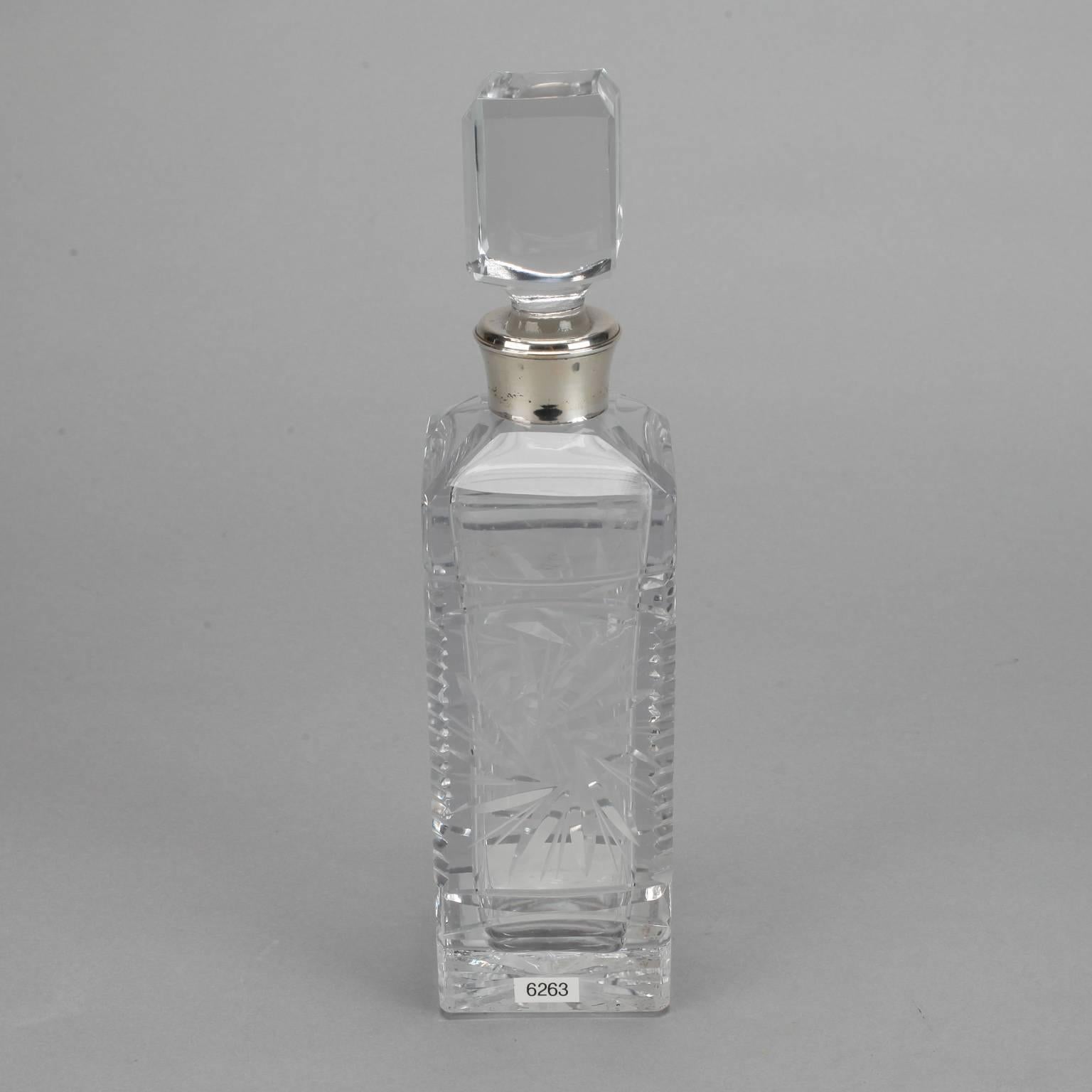 Heavy Cut Crystal Decanter with Silver In Excellent Condition In Troy, MI