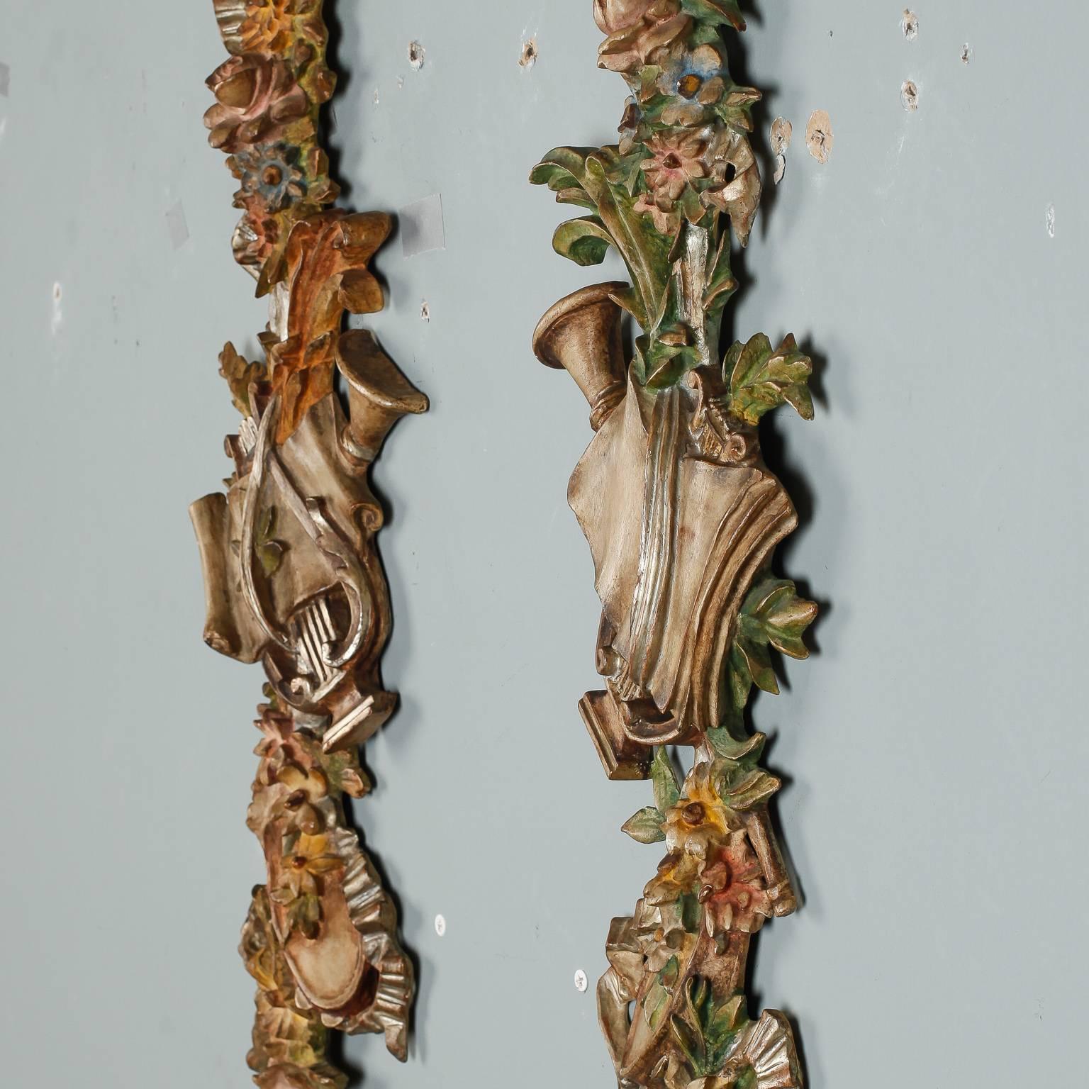 Pair of Tall Painted and Gilded Wall Carvings Depicting Spring and the Arts In Excellent Condition For Sale In Troy, MI