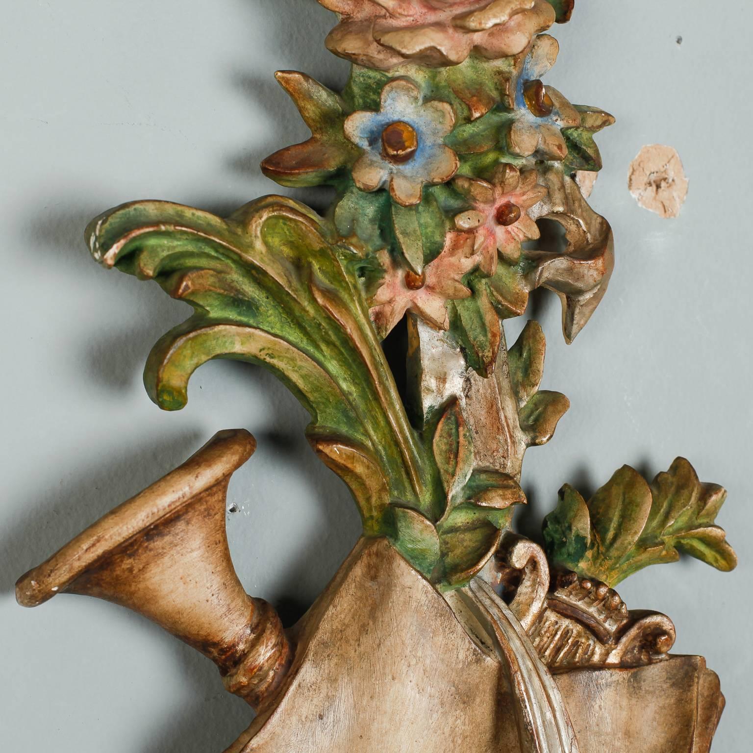19th Century Pair of Tall Painted and Gilded Wall Carvings Depicting Spring and the Arts For Sale
