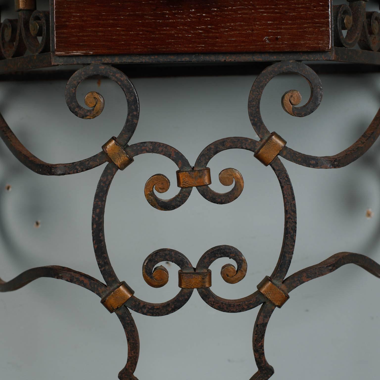 Iron Pair of French Wall Hung Small Consoles with Marble Tops