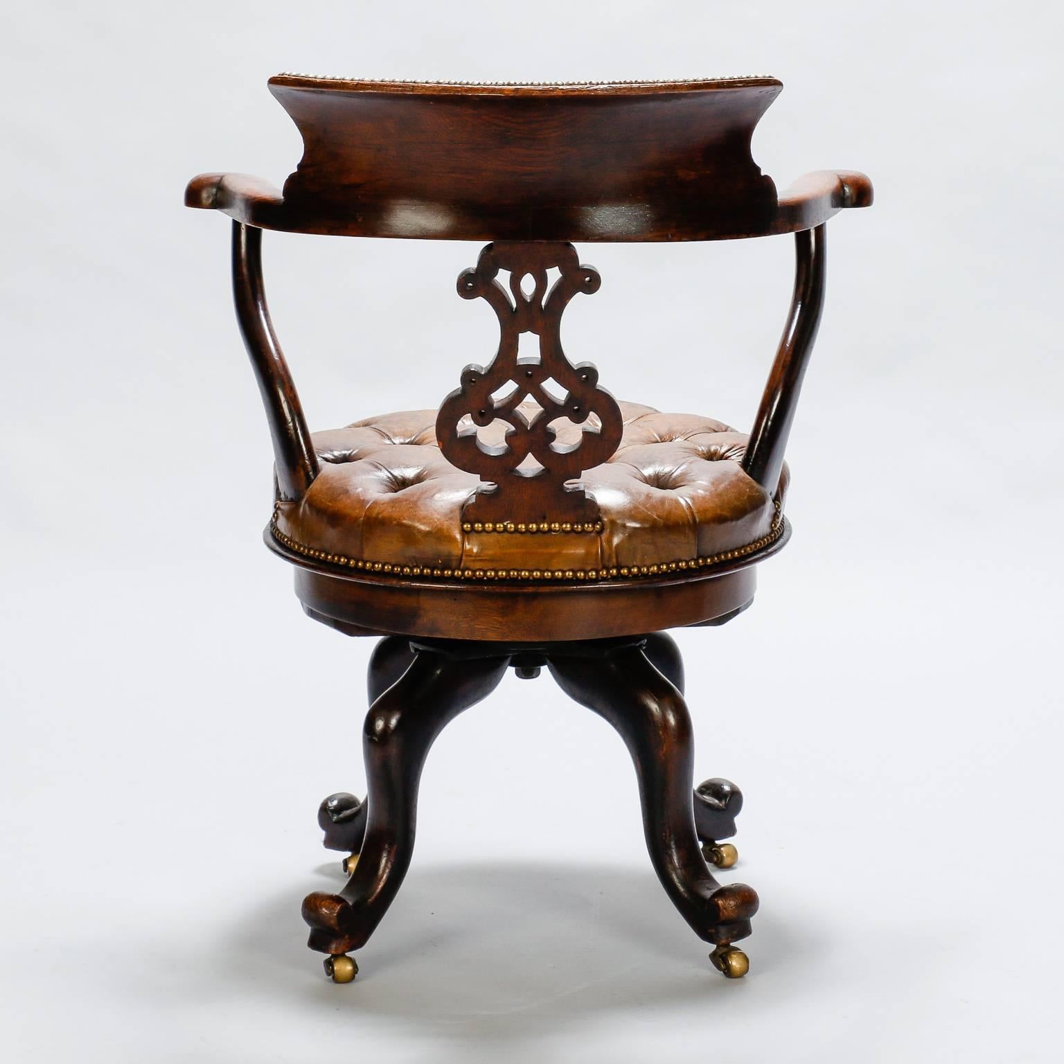 20th Century French Mahogany and Tufted Leather Swivel Desk Chair  