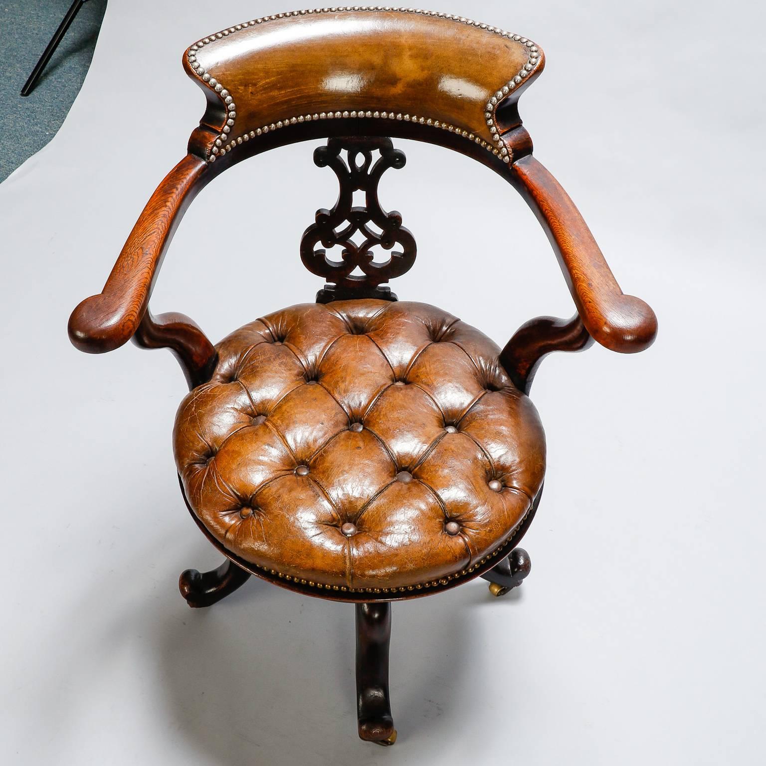 Brass French Mahogany and Tufted Leather Swivel Desk Chair  