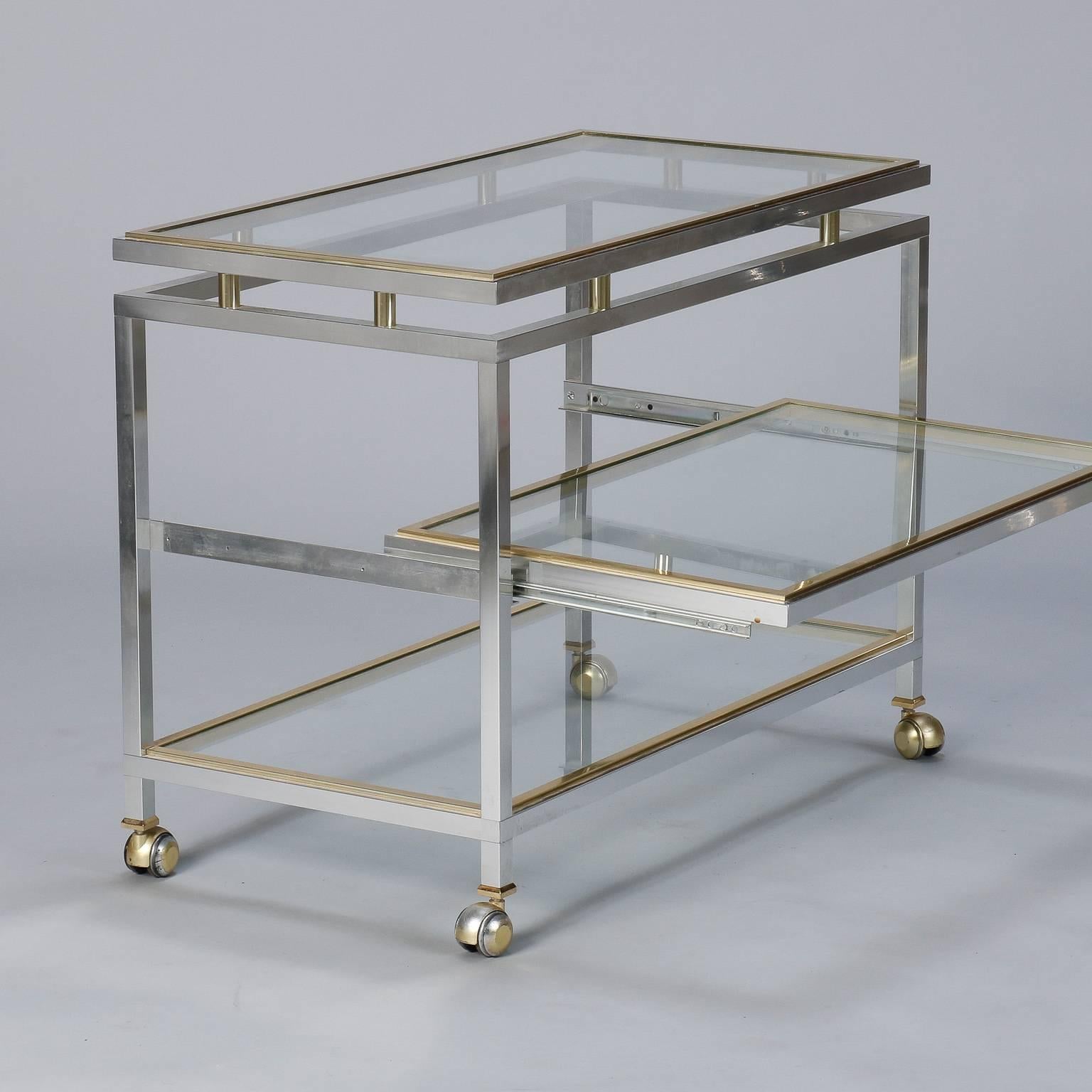 Mid-Century Modern Midcentury Chrome Brass and Glass Serving Trolley in Style of Maison Jansen