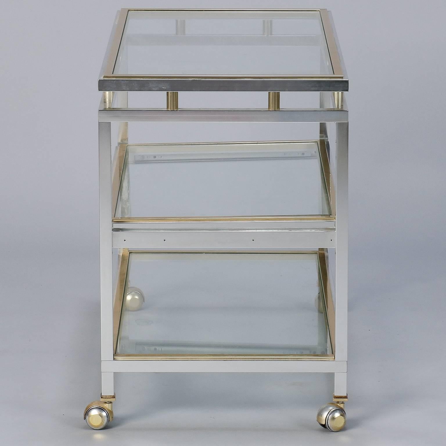 French Midcentury Chrome Brass and Glass Serving Trolley in Style of Maison Jansen