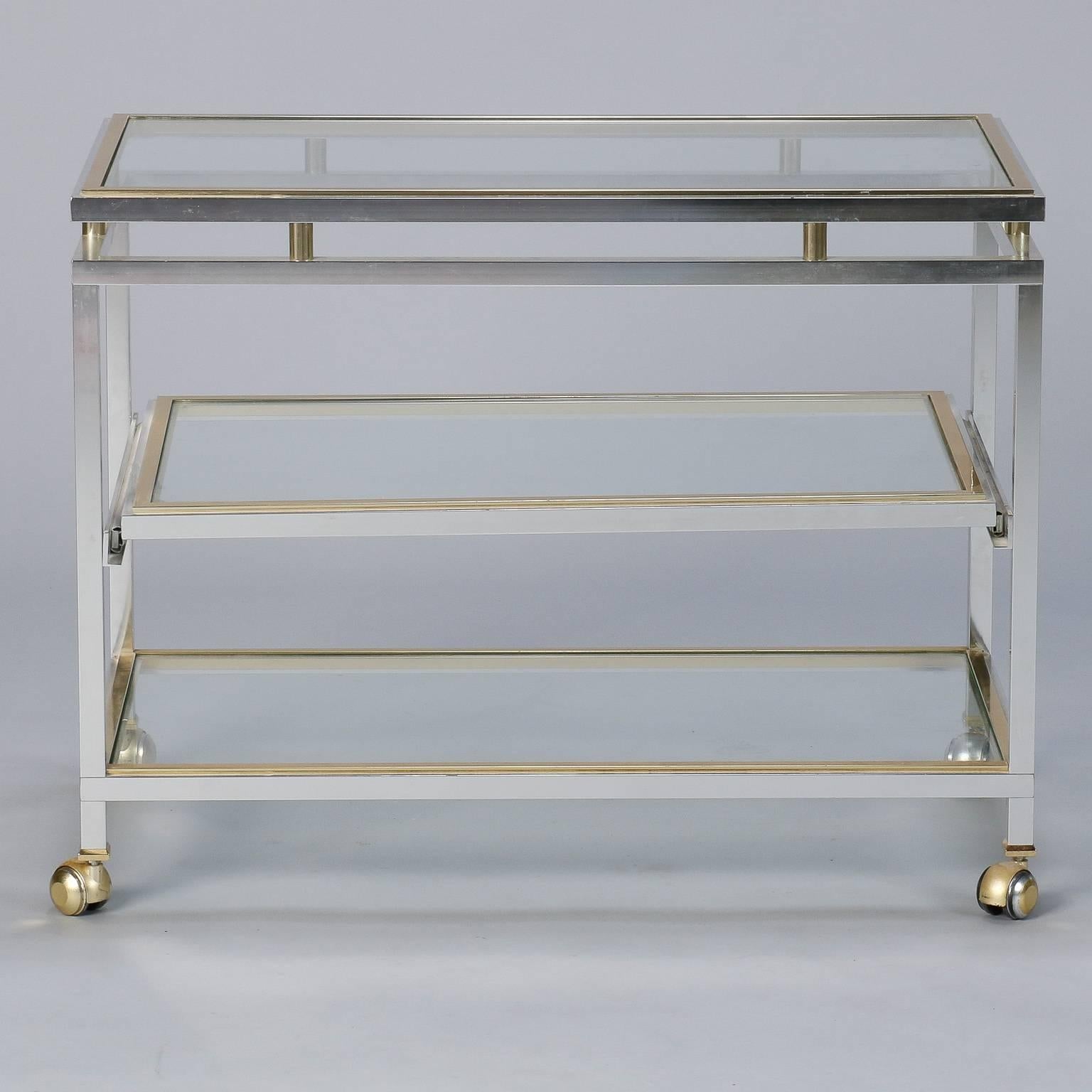 Midcentury Chrome Brass and Glass Serving Trolley in Style of Maison Jansen 1