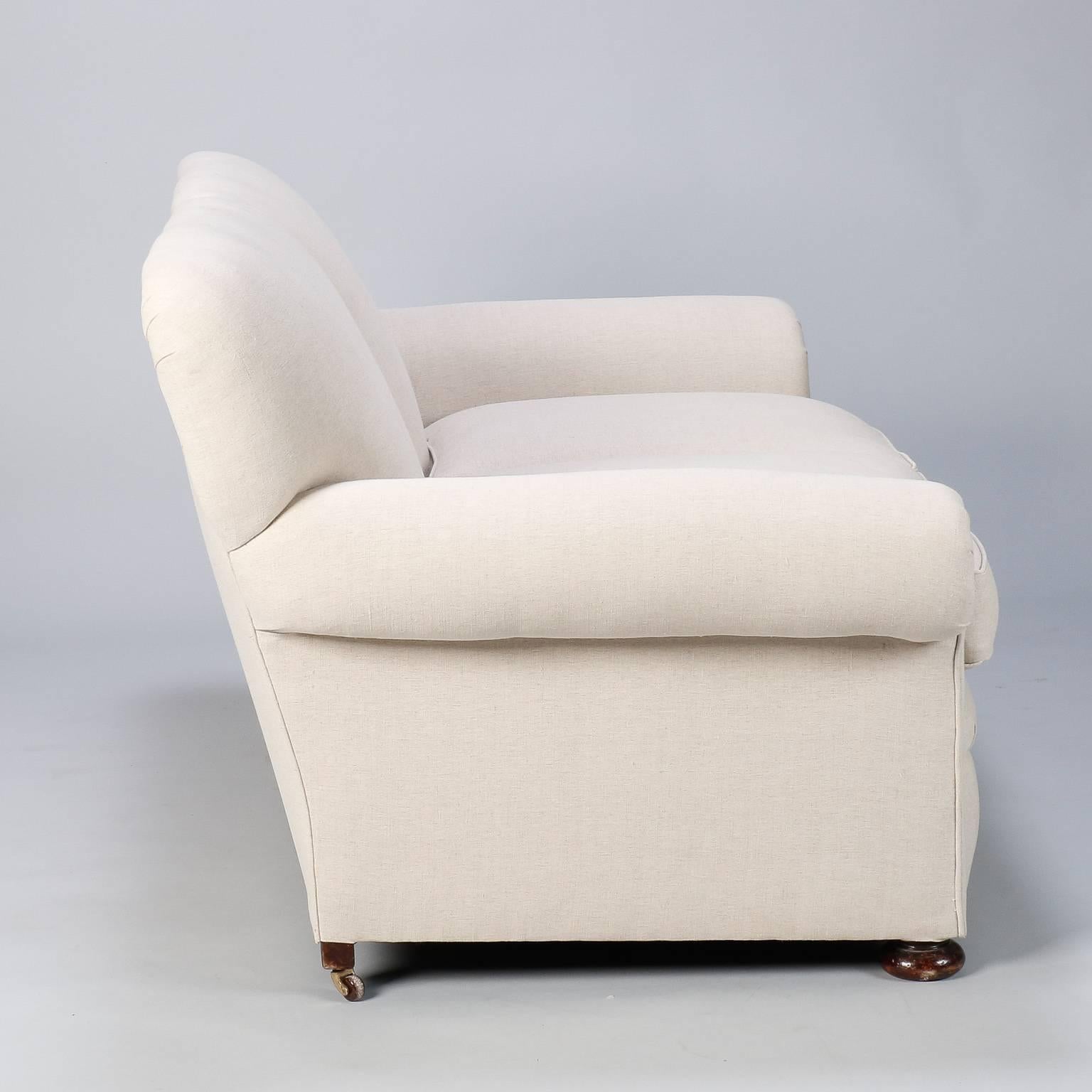 20th Century Small English Club Sofa in Belgian Linen