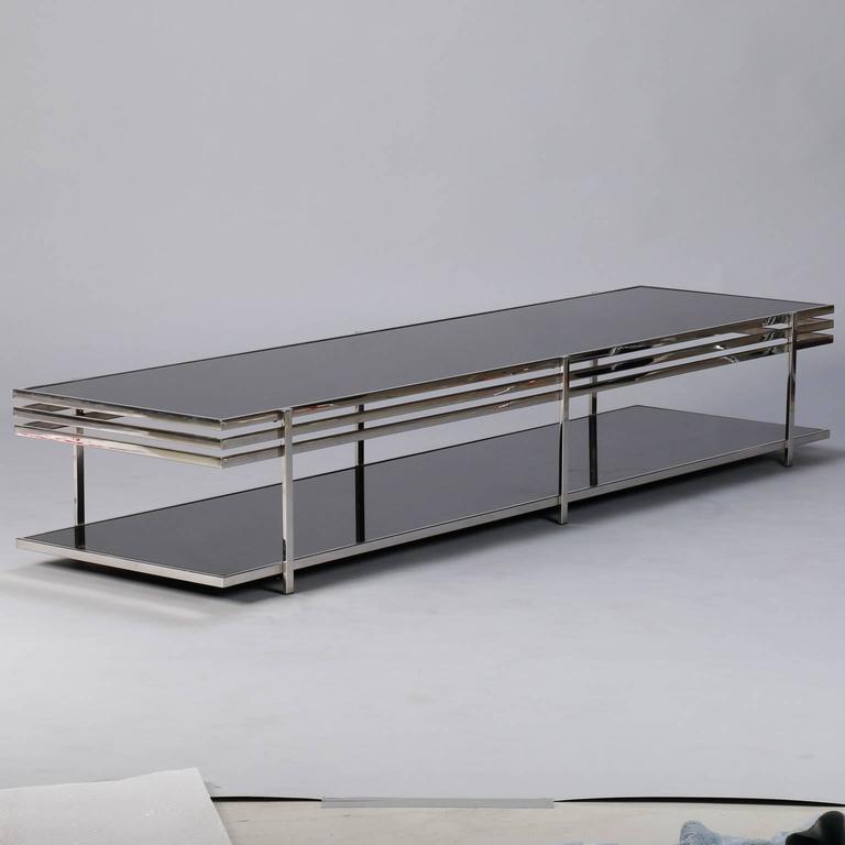 Midcentury Long and Low Black Glass and Chrome Coffee Table at 1stDibs