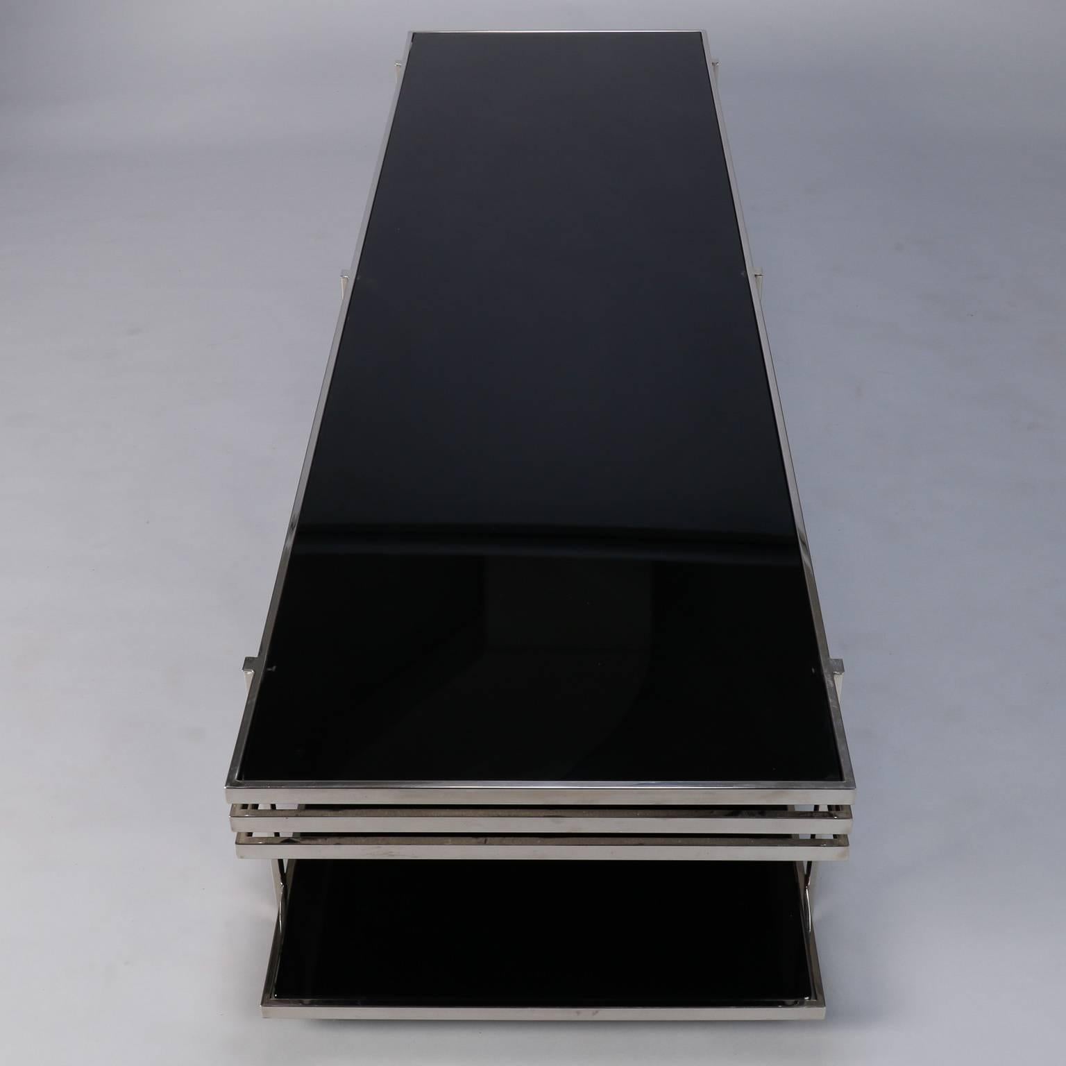 20th Century Midcentury Long and Low Black Glass and Chrome Coffee Table