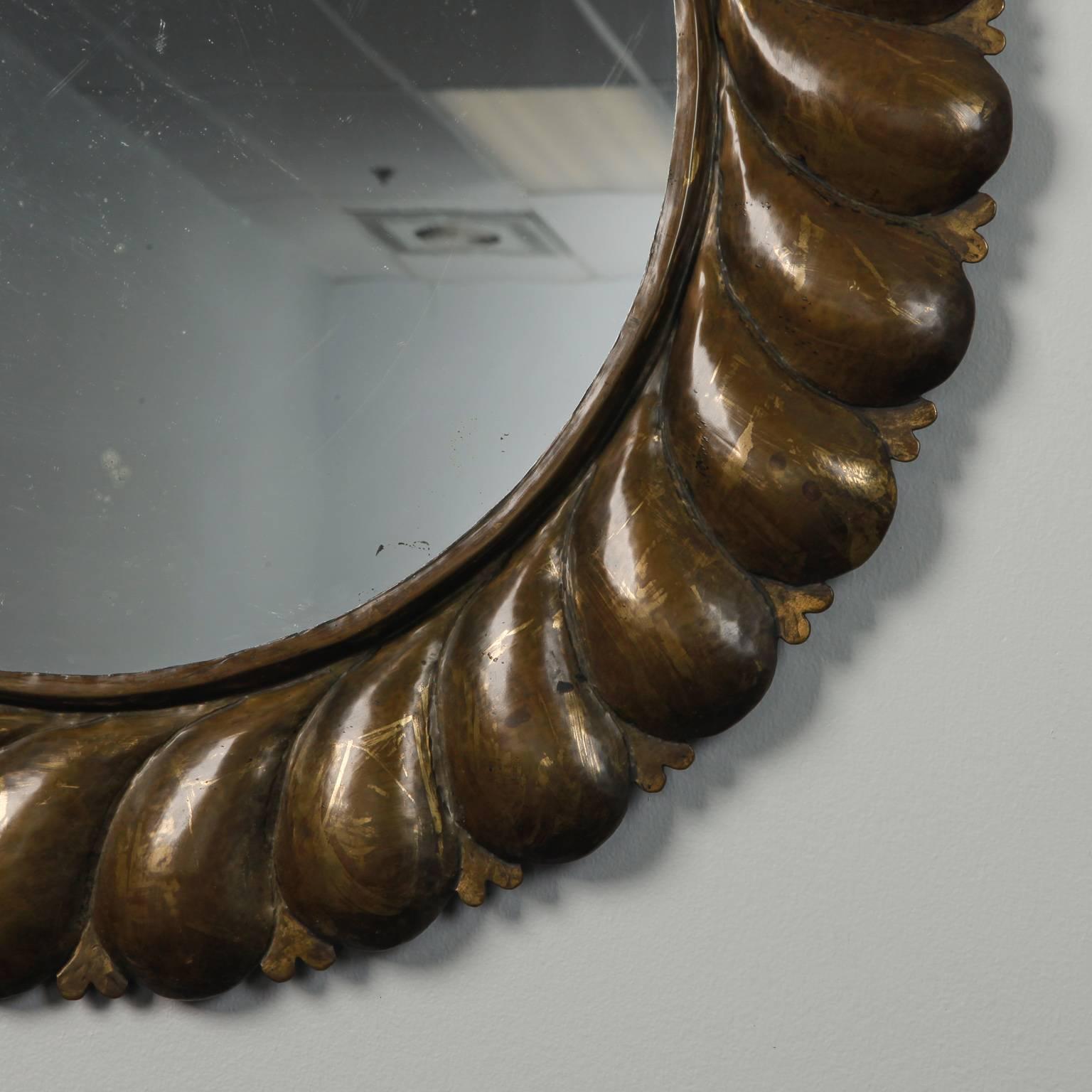 Italian Midcentury Round Mirror with Brass Fluted Edge Frame