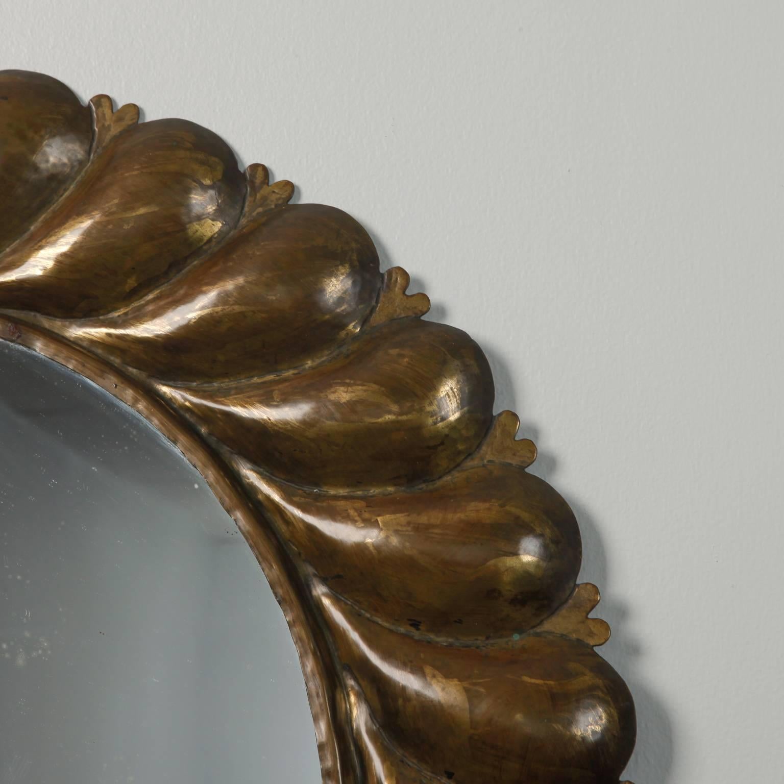 Cast Midcentury Round Mirror with Brass Fluted Edge Frame