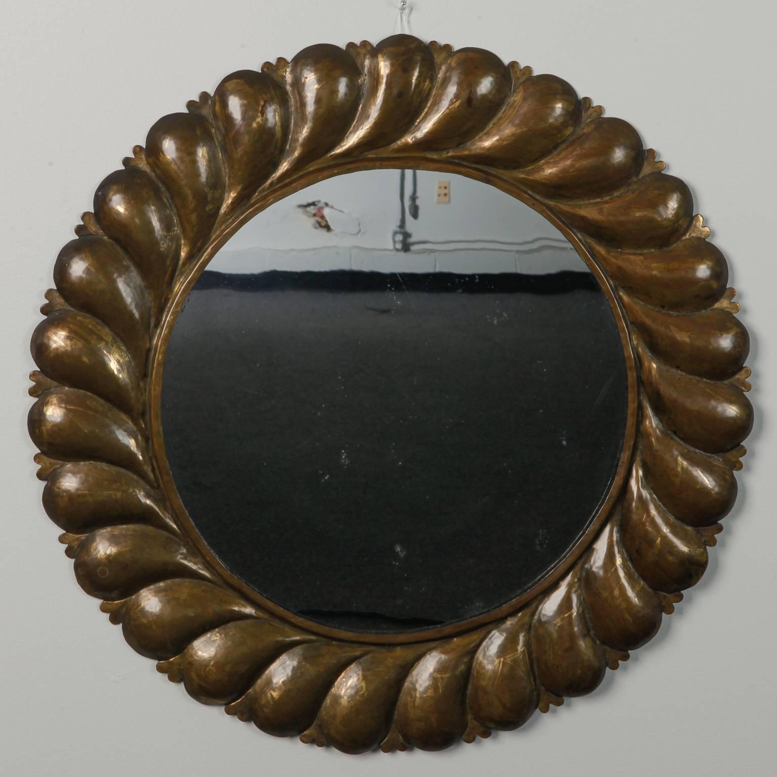 Mid-Century Modern Midcentury Round Mirror with Brass Fluted Edge Frame