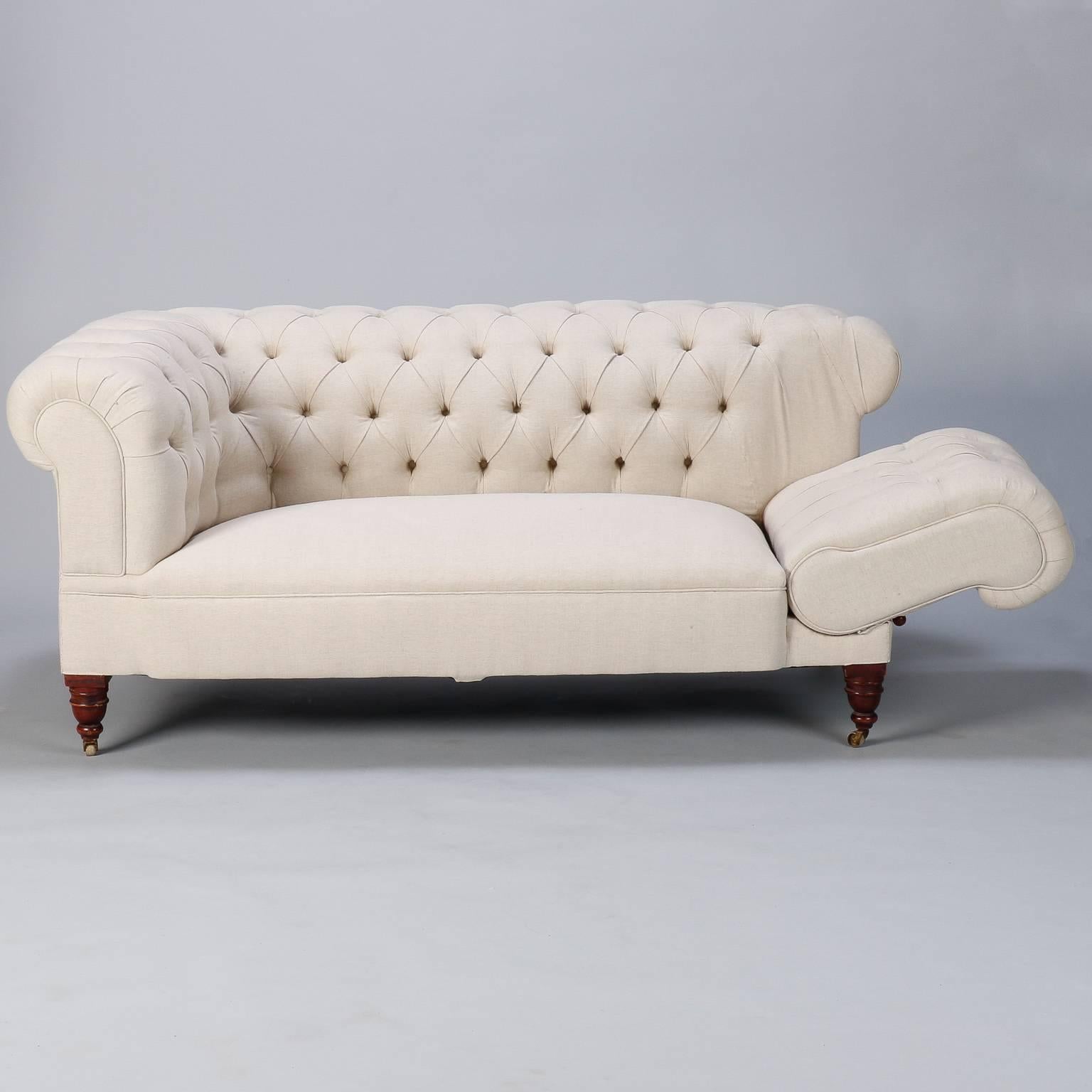 20th Century Linen Chesterfield Sofa with Collapsible Arm
