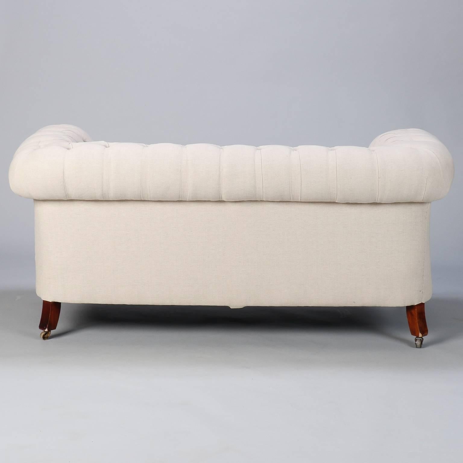 Linen Chesterfield Sofa with Collapsible Arm In Excellent Condition In Troy, MI