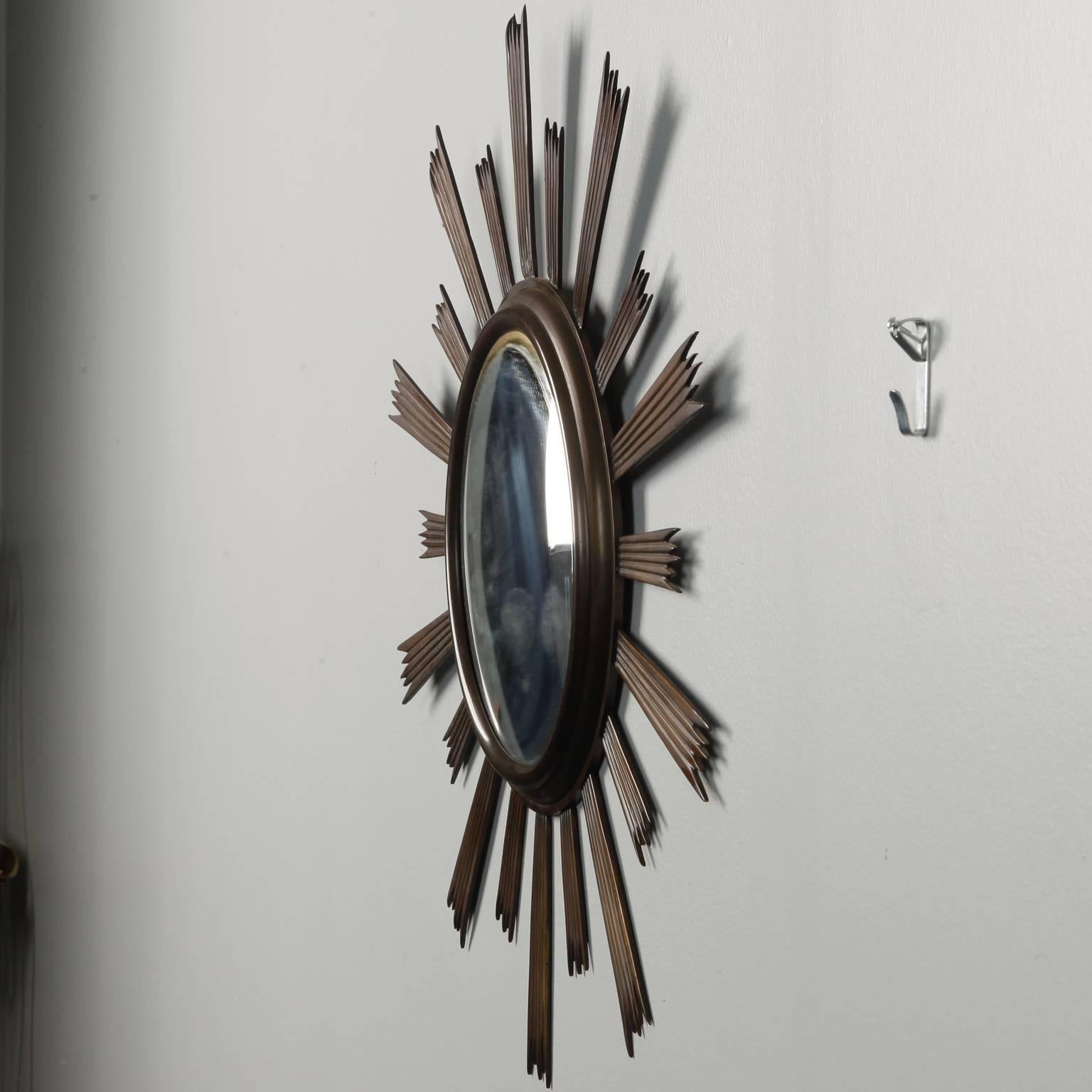 Mid-Century Modern Sunburst Convex Mirror with Dark Metal Frame