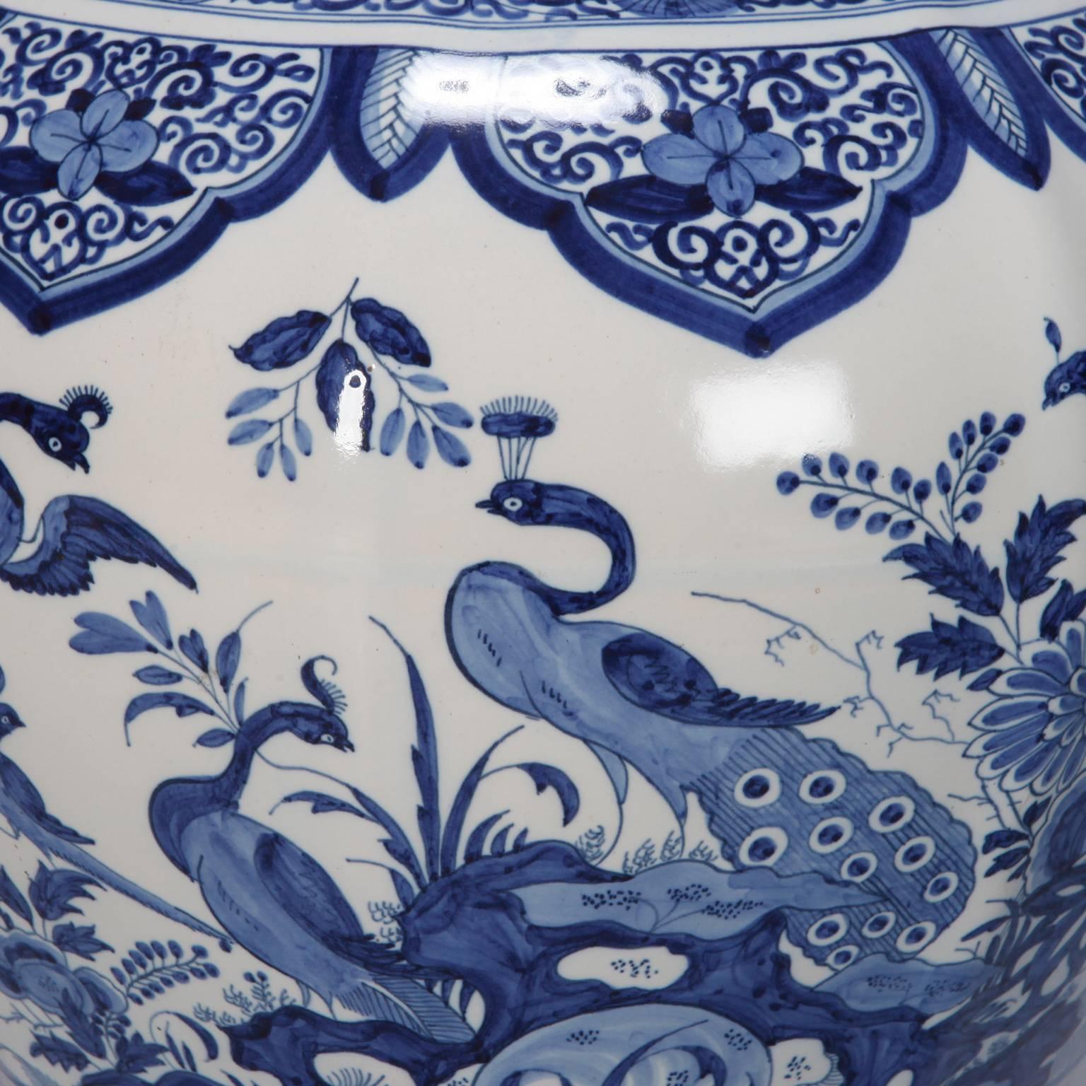 Glazed Large Blue and White Chinese Style Dutch Vase with Lid