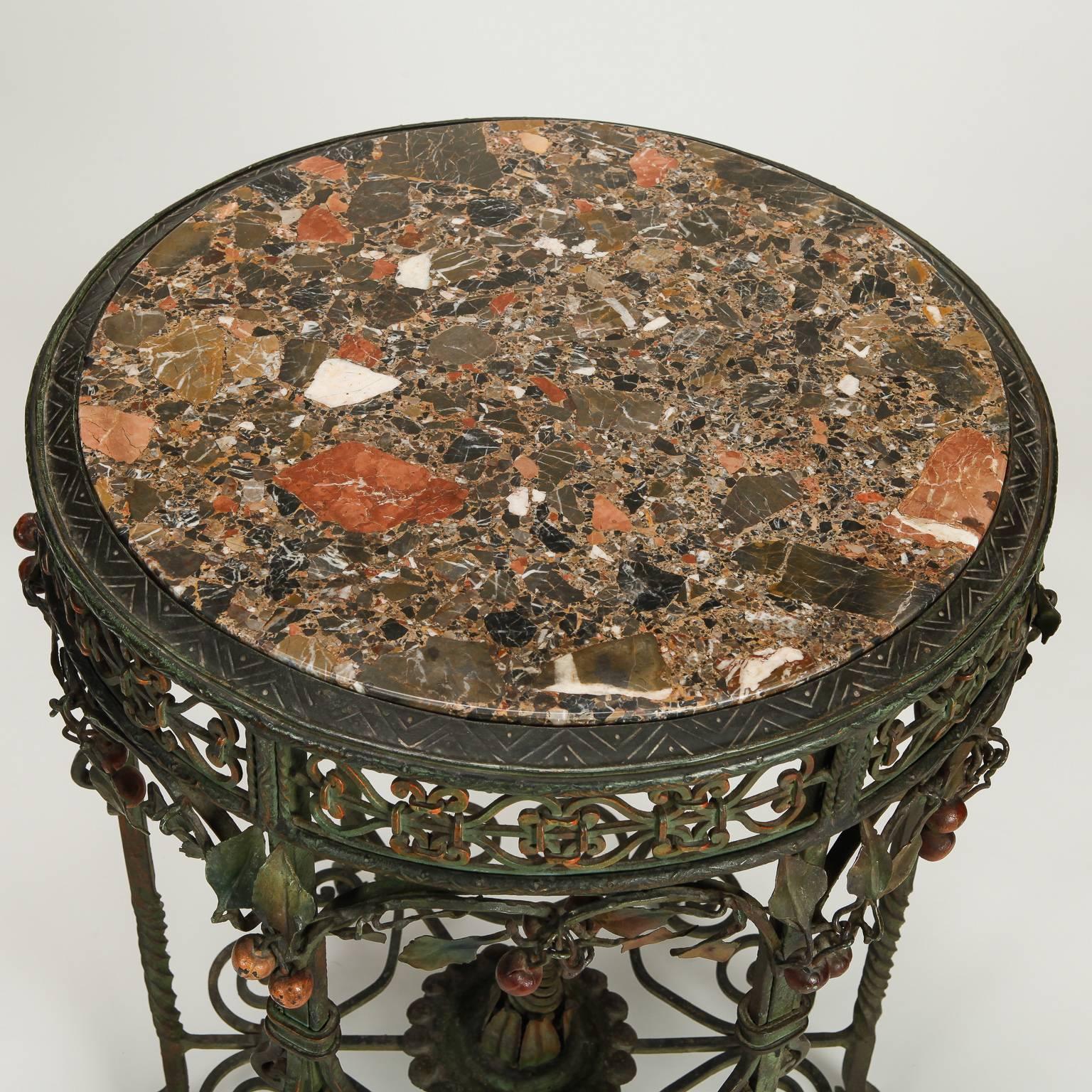Forged Small Center Table with Marble Top and Elaborate Iron Base
