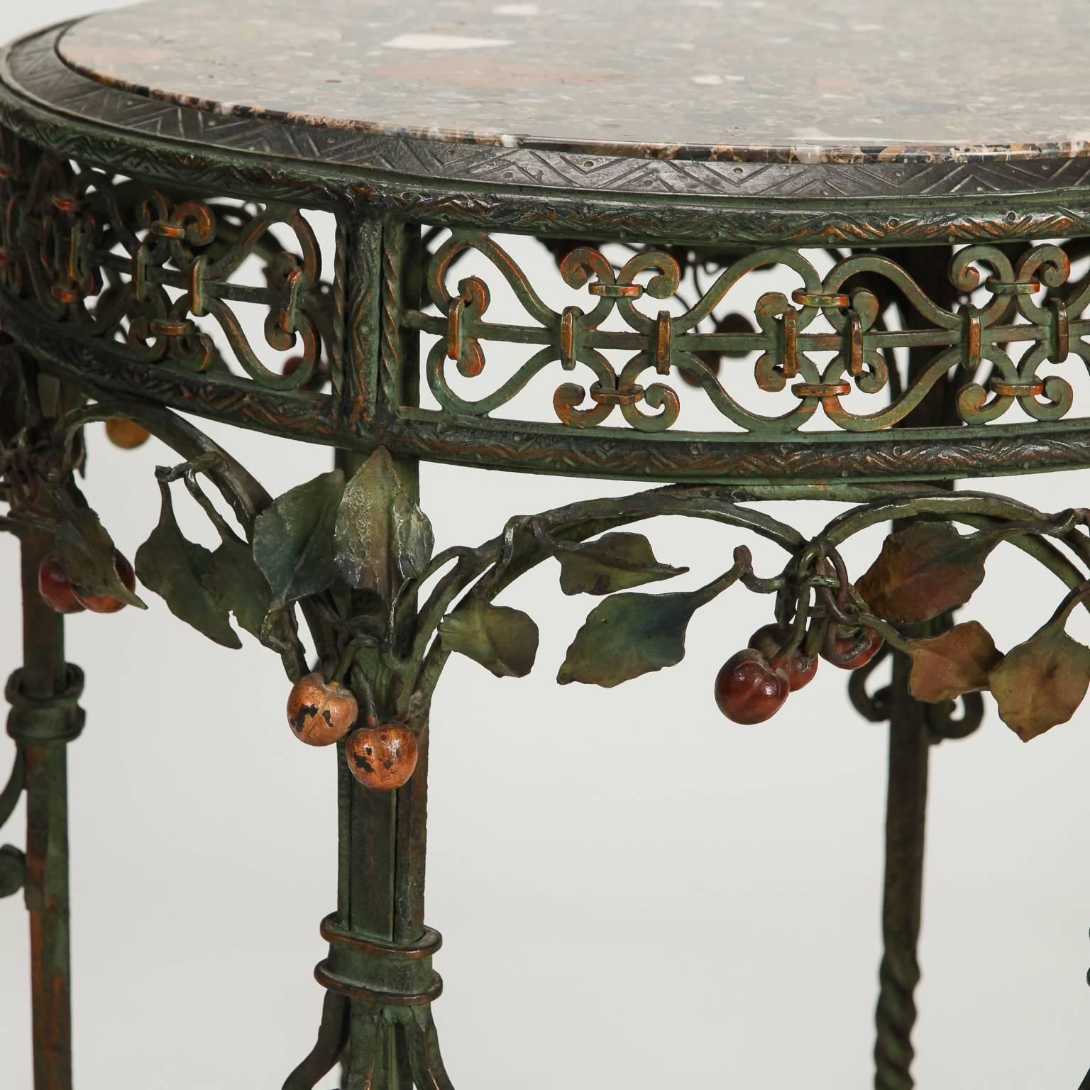 20th Century Small Center Table with Marble Top and Elaborate Iron Base