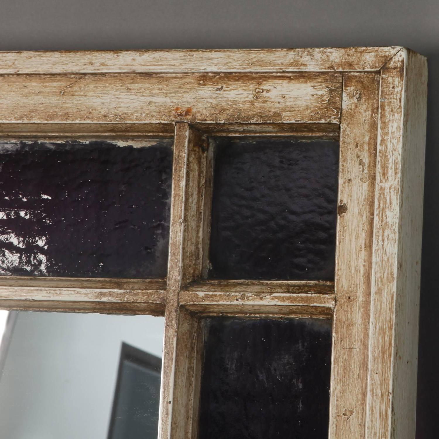 Antique Window Frame Mirror with Original Amethyst Stained Glass For