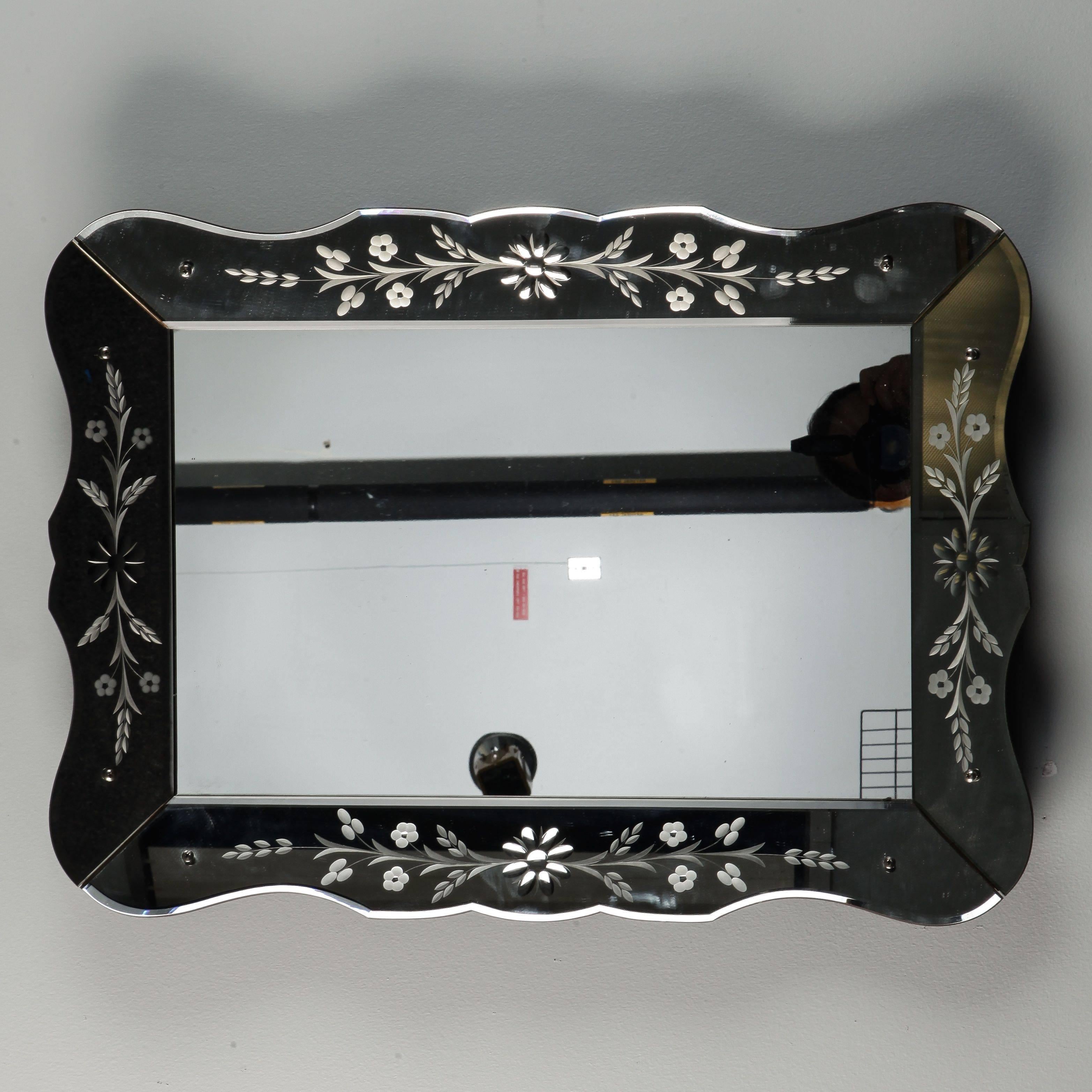 20th Century Art Deco Era Etched Frame Venetian Mirror