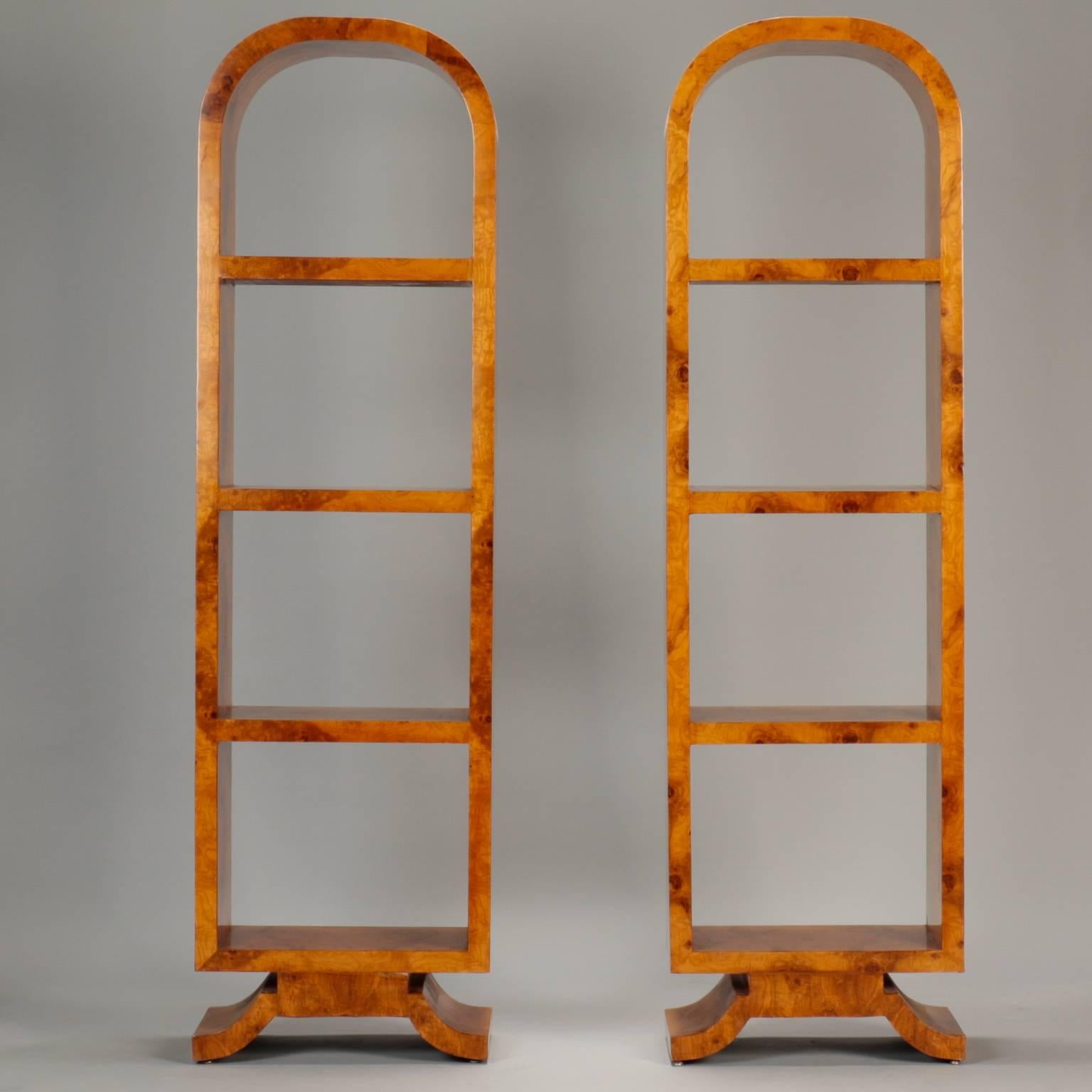 Pair of French Art Deco Arched Top Polished Wood Etageres In Excellent Condition In Troy, MI