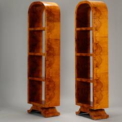 Pair of French Art Deco Arched Top Polished Wood Etageres