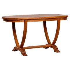 French Art Deco Oval Coffee Table with Reeded Trestle Base