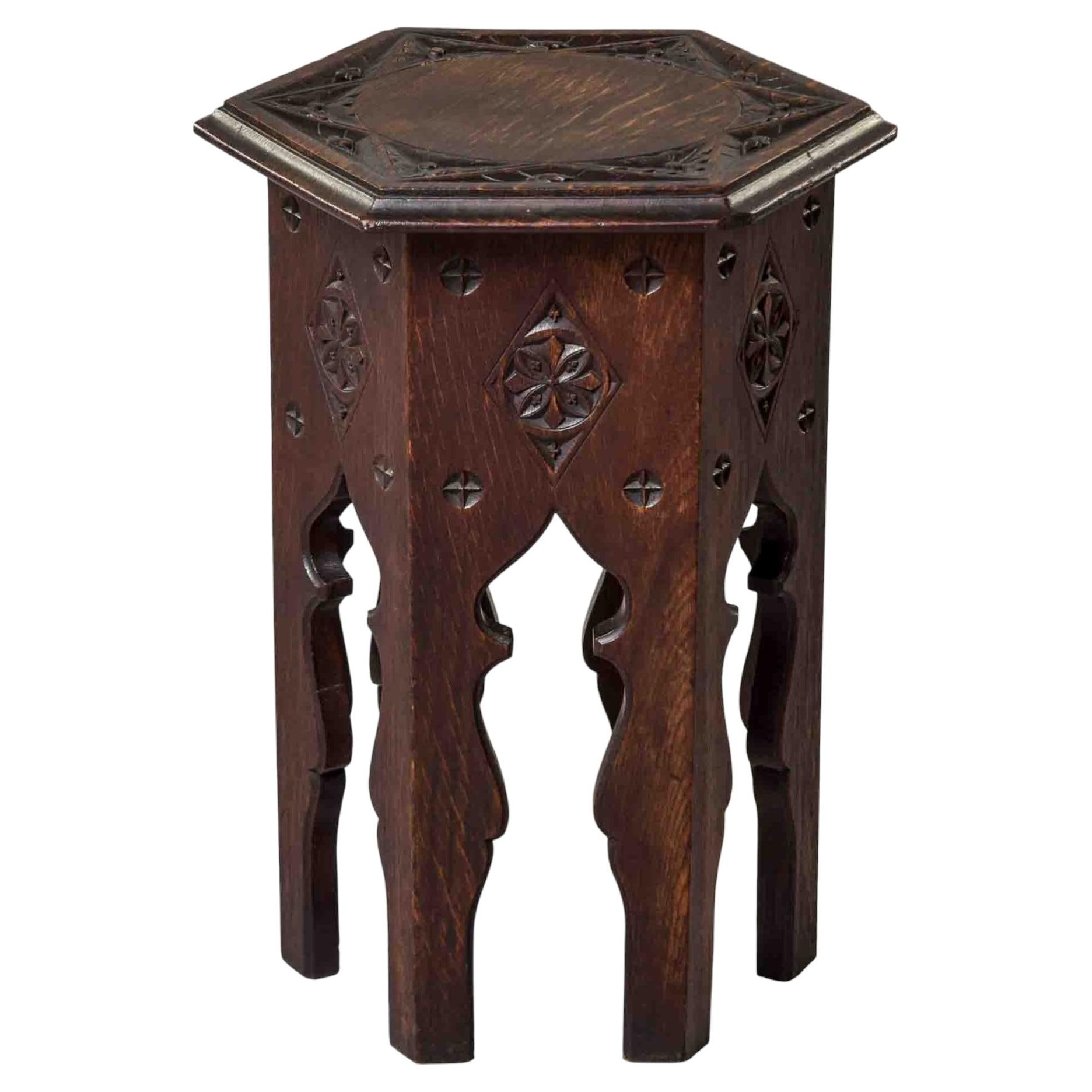 Liberty & Co. English Moorish Revival Carved Oak Hexagonal Table For Sale