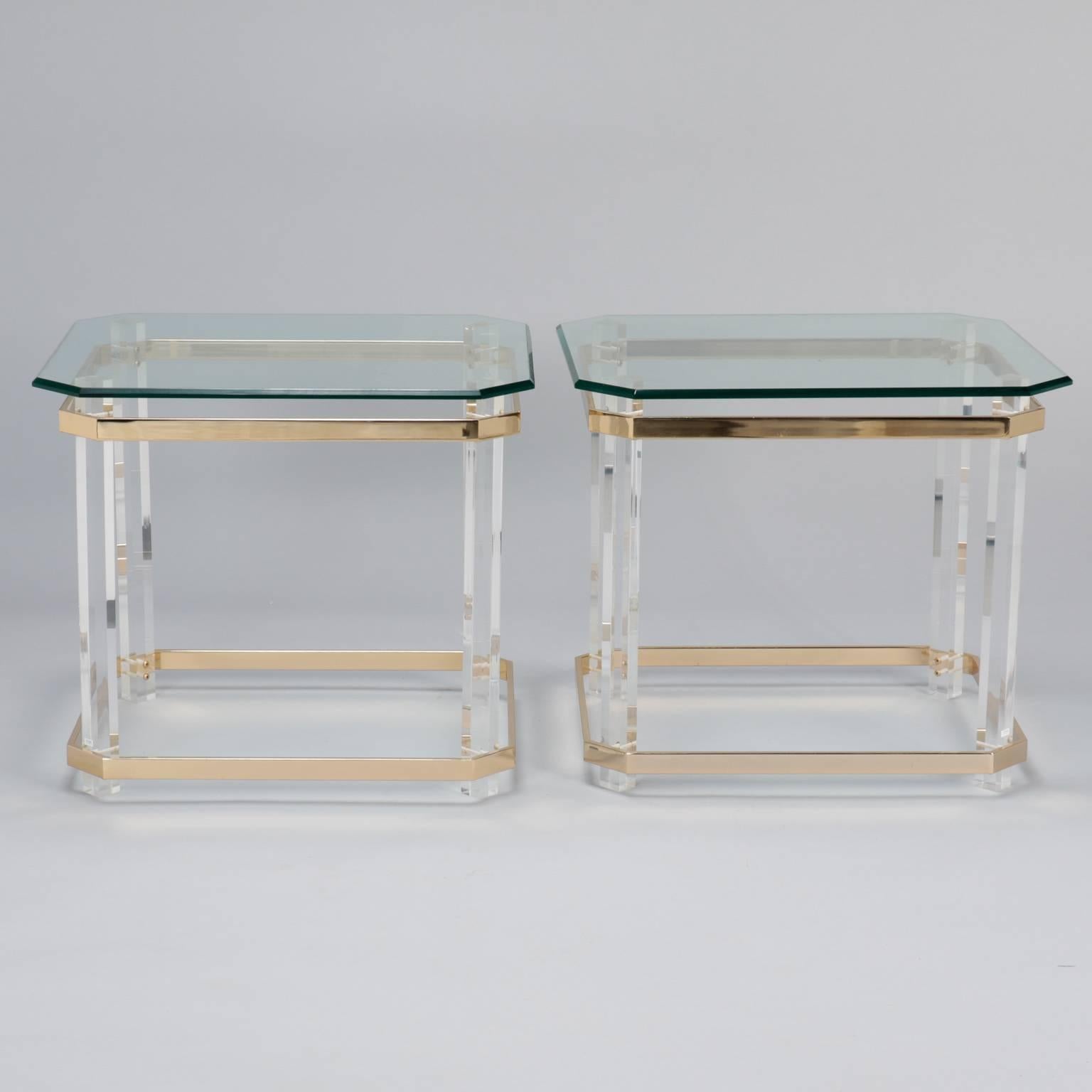 Mid-Century Modern Pair Mid Century Lucite Brass and Glass Side Tables