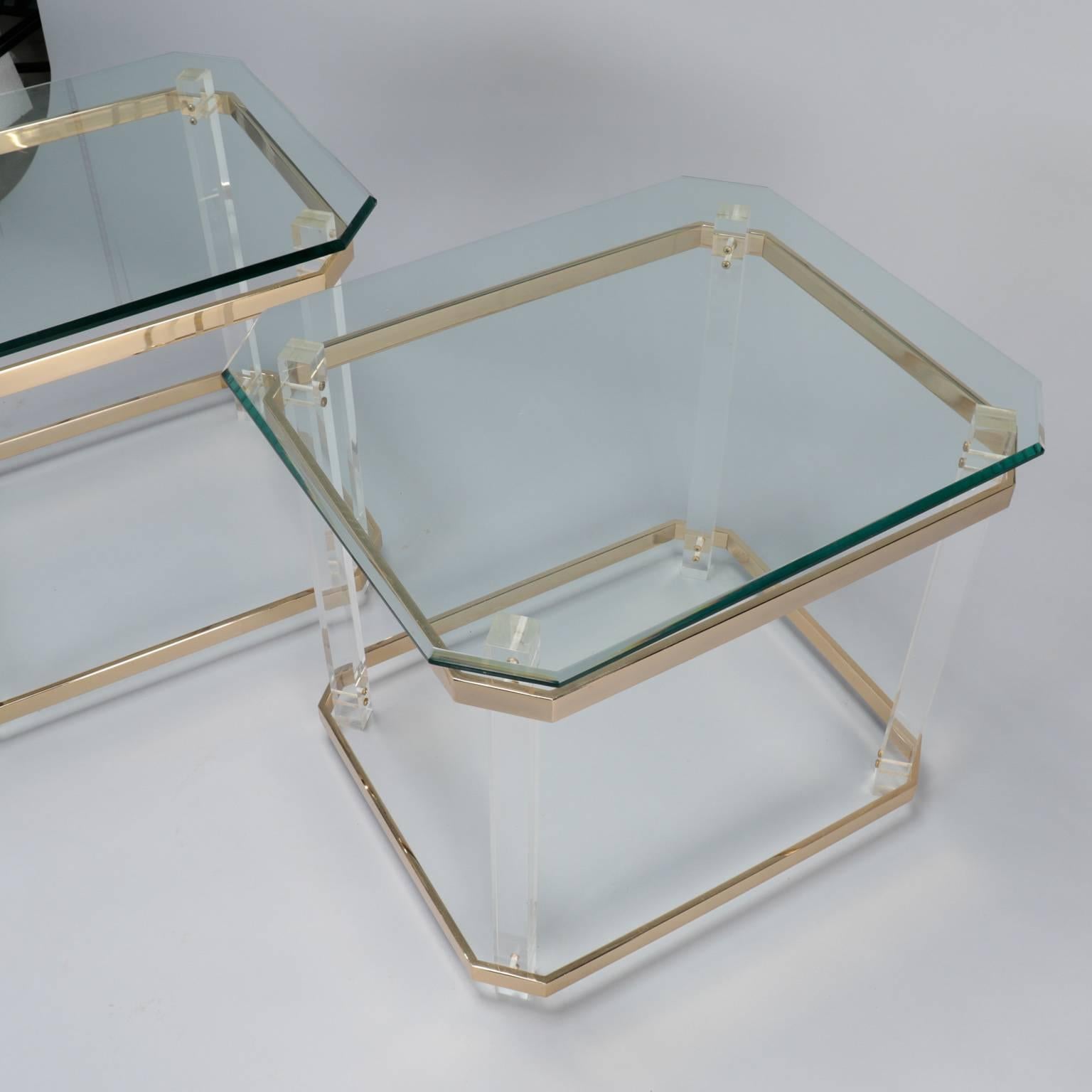Pair Mid Century Lucite Brass and Glass Side Tables In Excellent Condition In Troy, MI