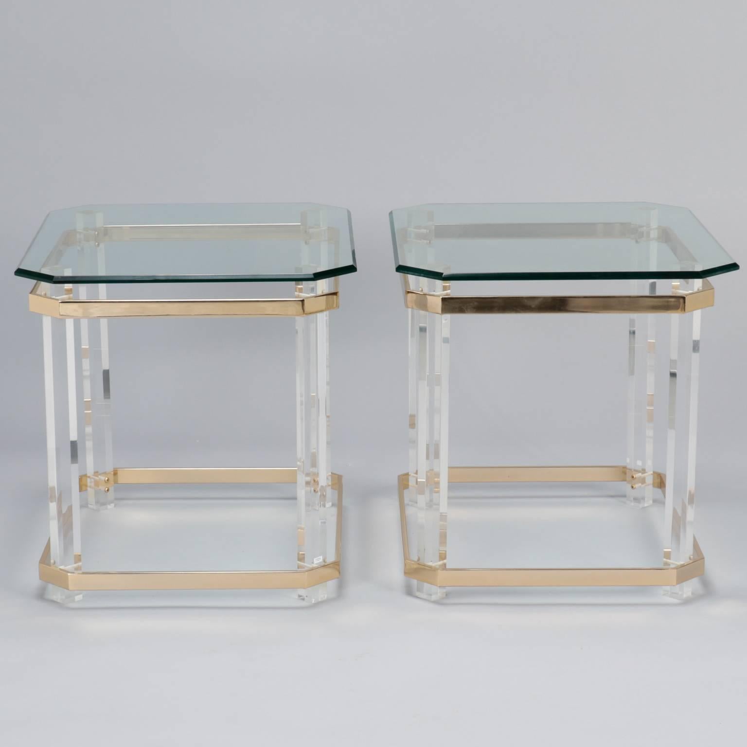 20th Century Pair Mid Century Lucite Brass and Glass Side Tables