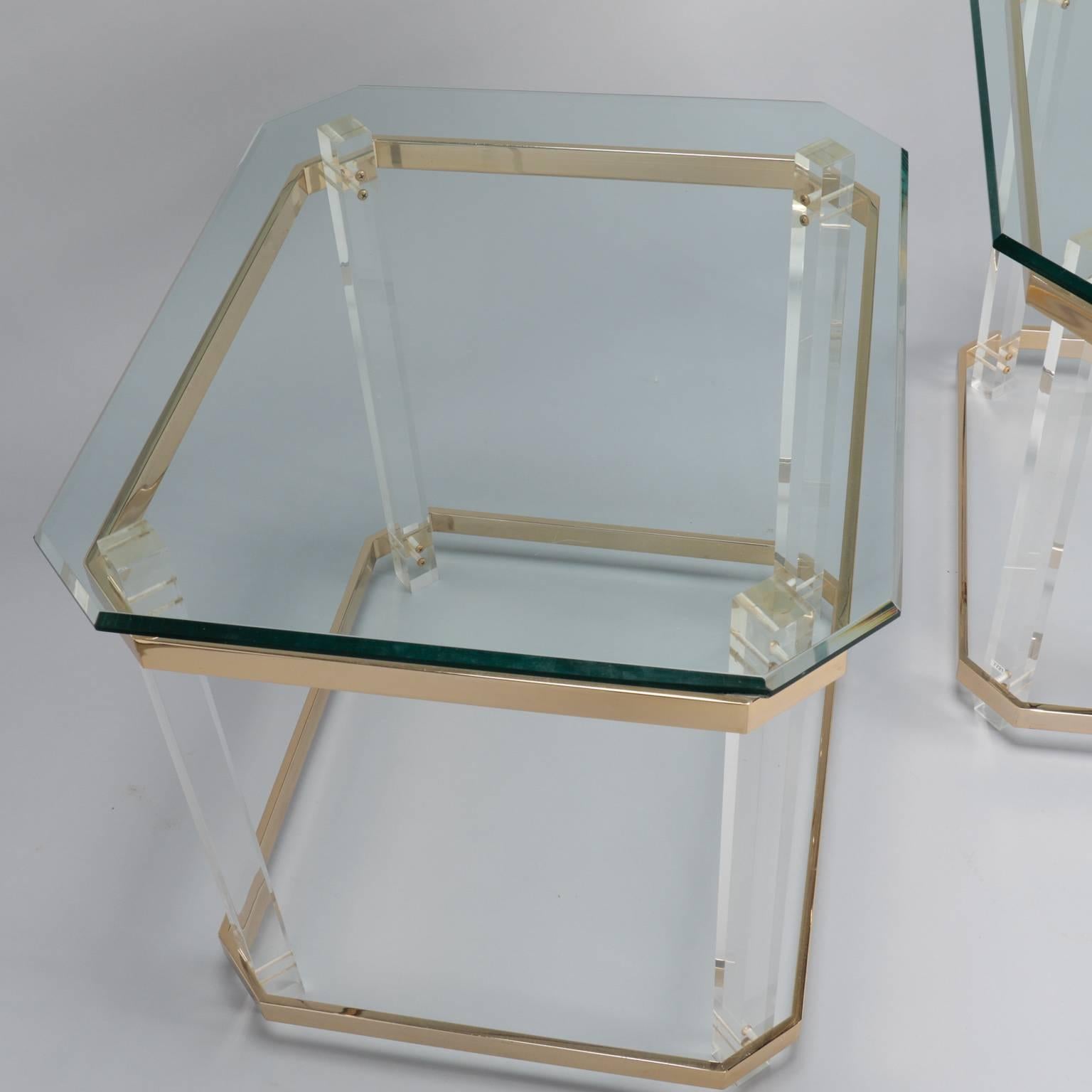 Pair Mid Century Lucite Brass and Glass Side Tables 2