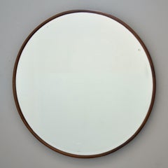 Italian Mid Century Large Round Mirror with Minimalist Walnut Frame