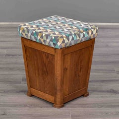 Belgian Art Deco Oak Stool with Upholstered Hinged Top