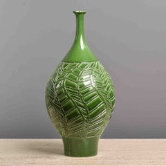 Tall Mid Century Italian Green Incised Ceramic Vase