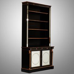 French Neoclassical Ebonised and Gilded Bookcase with Painted Mirror Doors