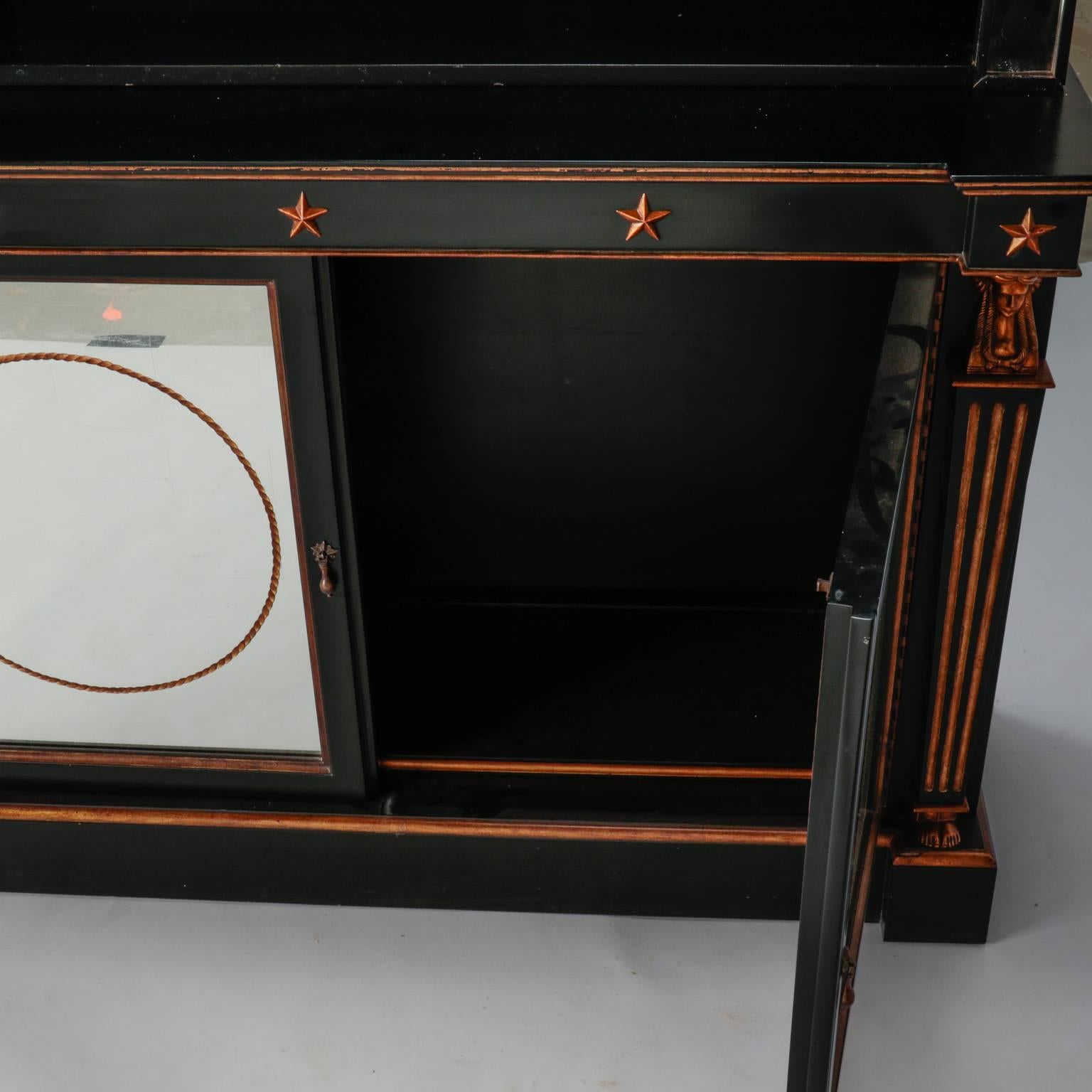 French Neoclassical Ebonised and Gilded Bookcase with Painted Mirror Doors 5