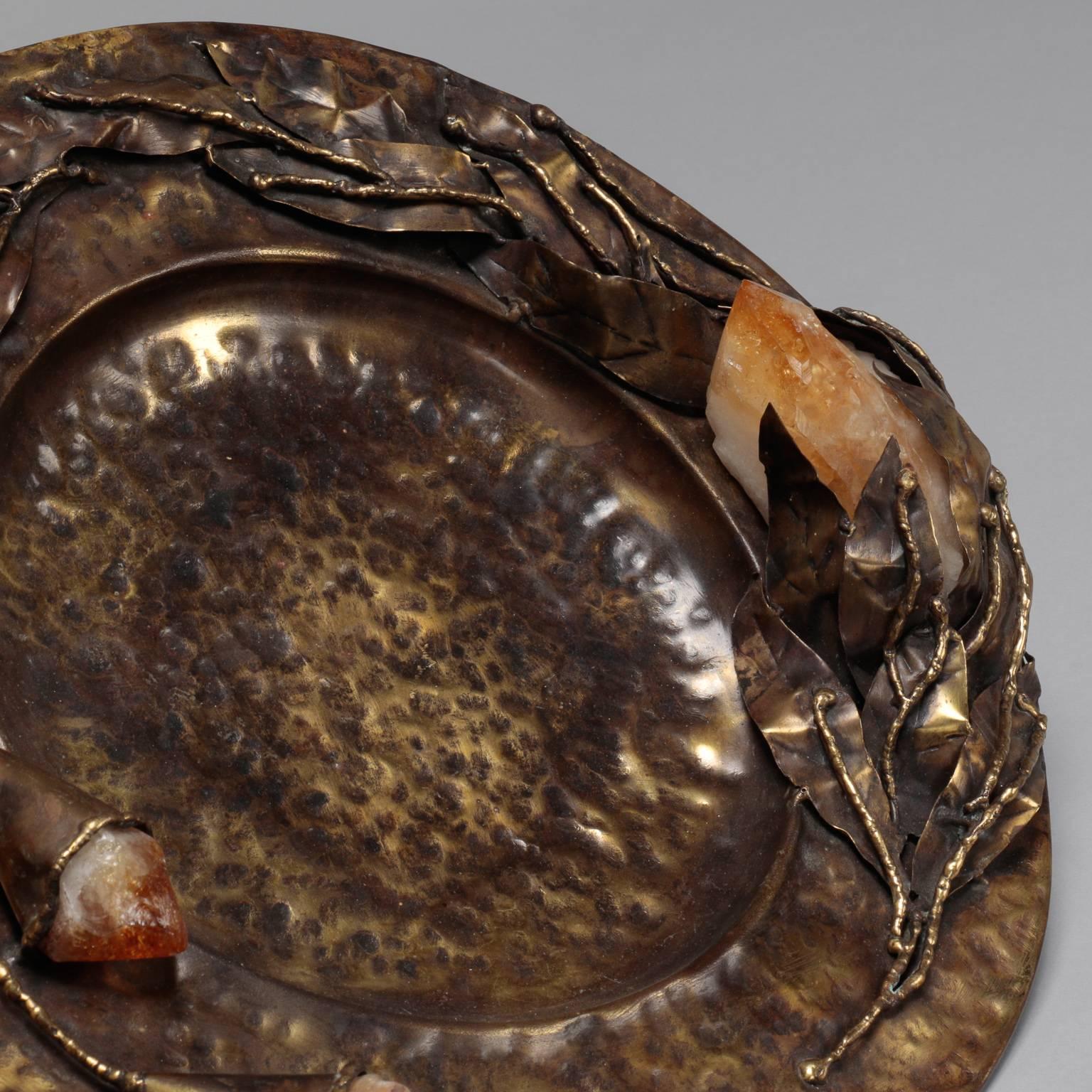 European Artist Signed Hammered Bronze Plate with Flowers and Quartz Crystals