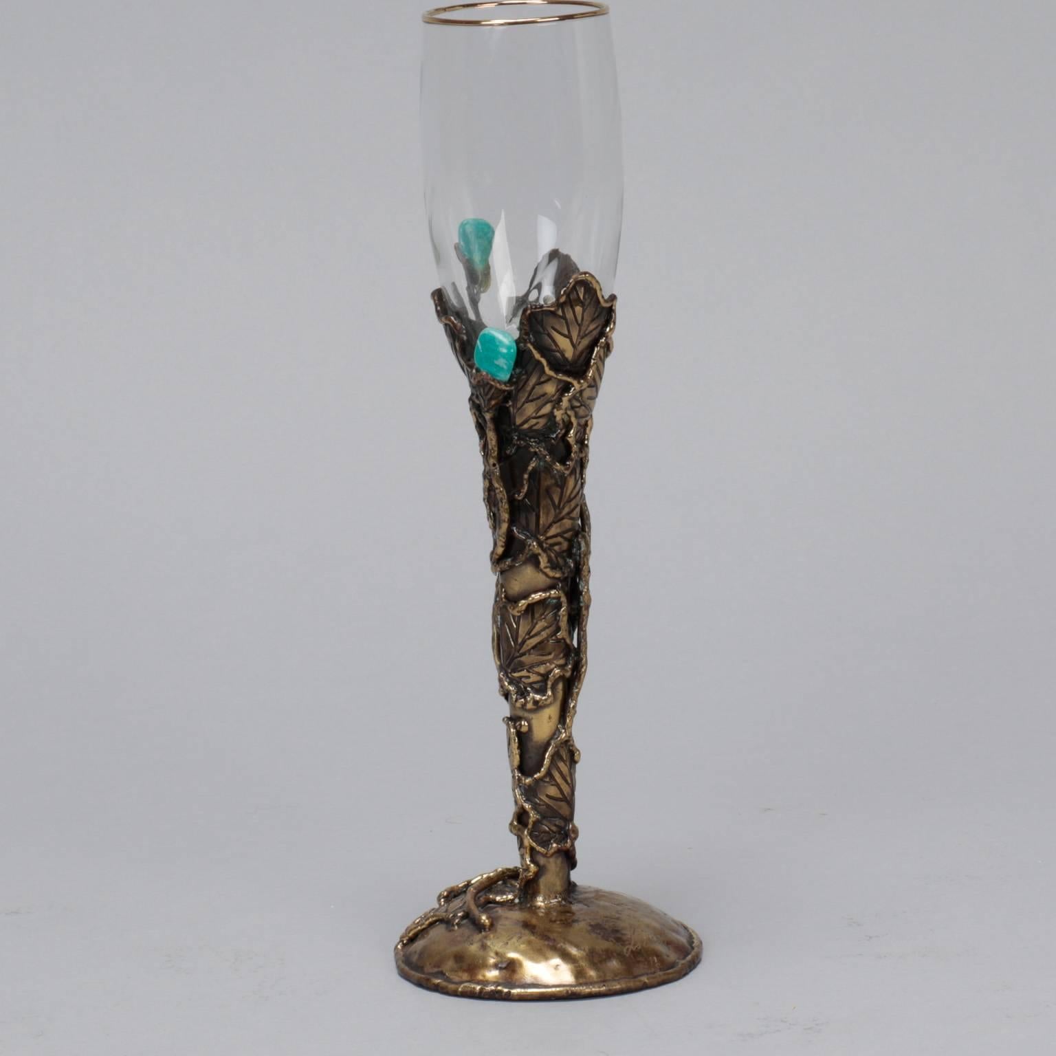Italian Mid-Century Artisan Signed Wine Glass with Metal Surround and Turquoise Stones 